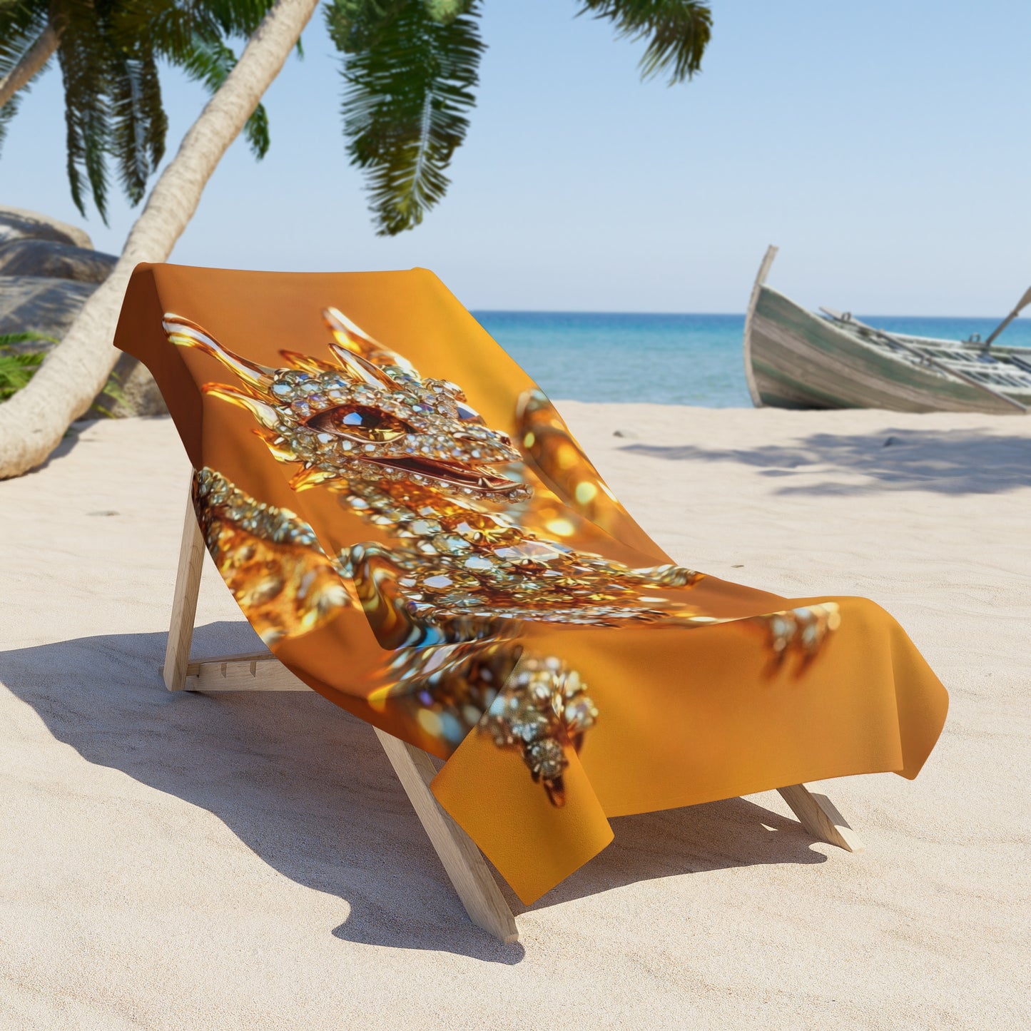Dragon Jewel Beach Towel — Sparkling Gold Rhinestone Dragon Design