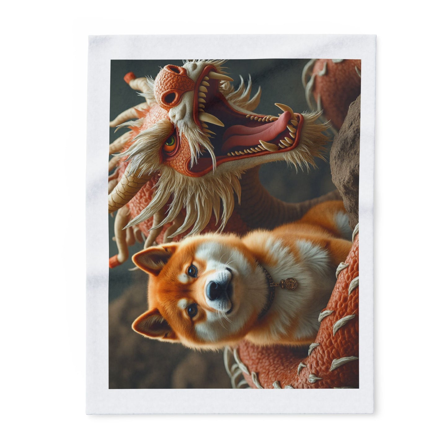 Cozy Arctic Fleece Blanket with Dragon and Dog Design – Perfect for Animal Lovers