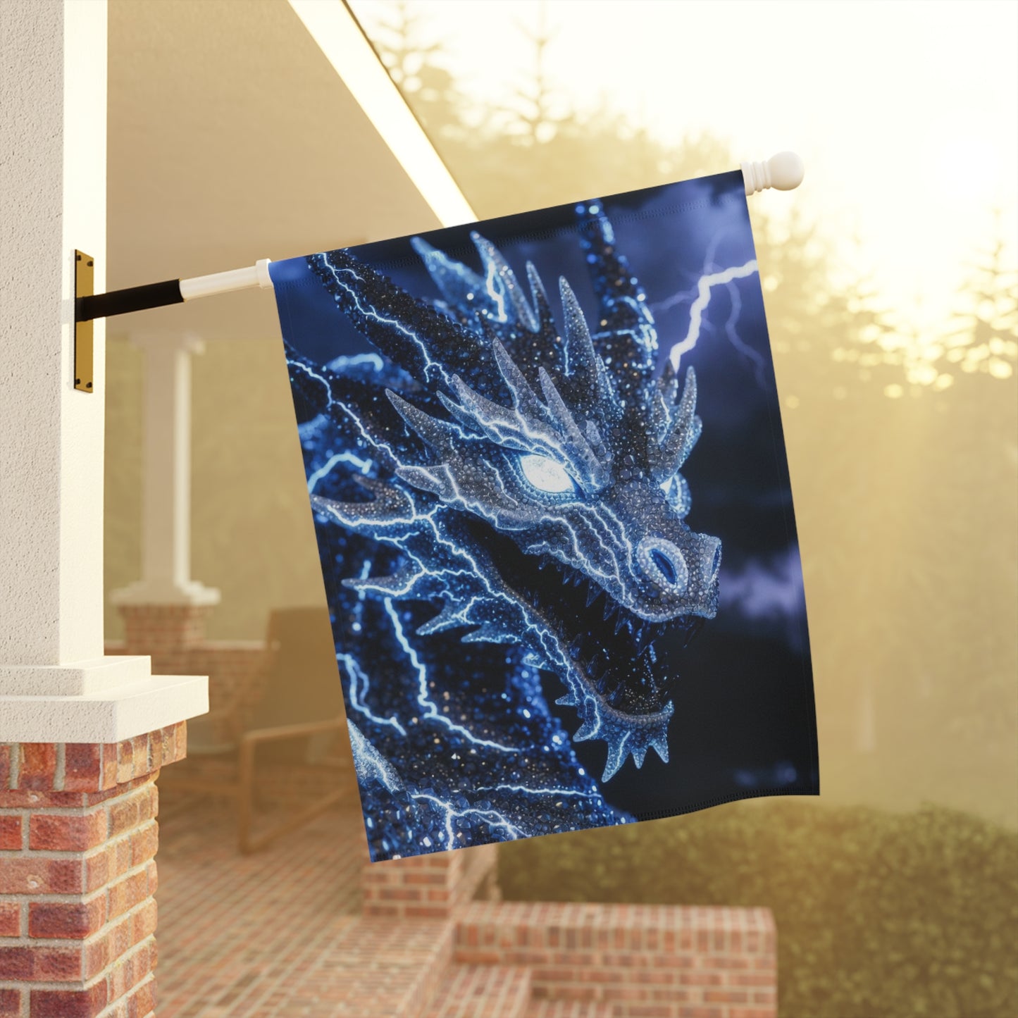 Electric Dragon Garden Flag — Lightning Blue Mythical House Banner