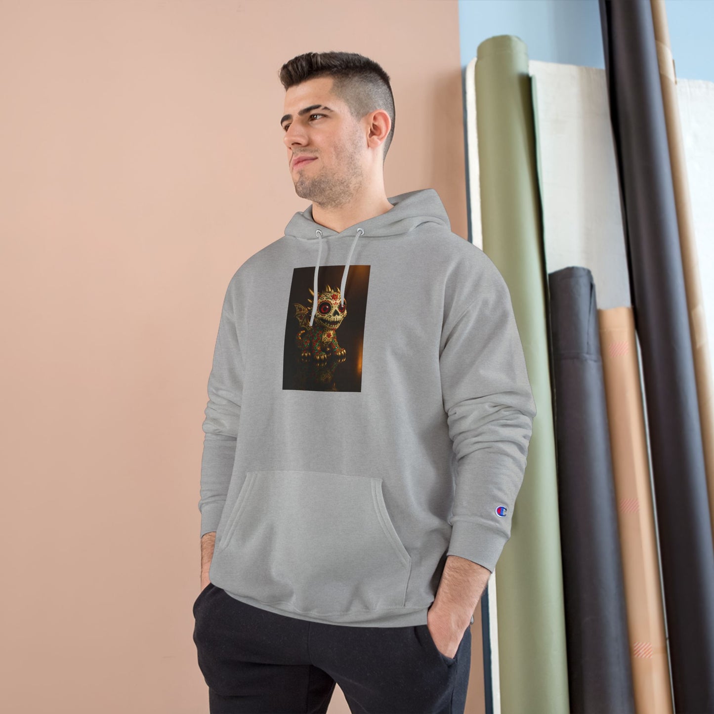 Skull Graphic Champion Hoodie, Cozy Sweatshirt, Halloween Gift, Casual Wear, Unique Design, Trendy Fashion