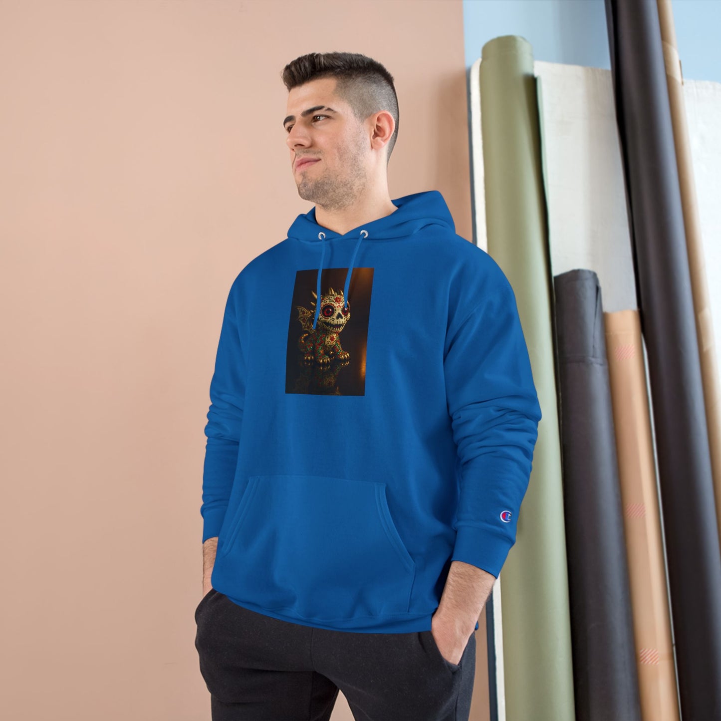 Skull Graphic Champion Hoodie, Cozy Sweatshirt, Halloween Gift, Casual Wear, Unique Design, Trendy Fashion