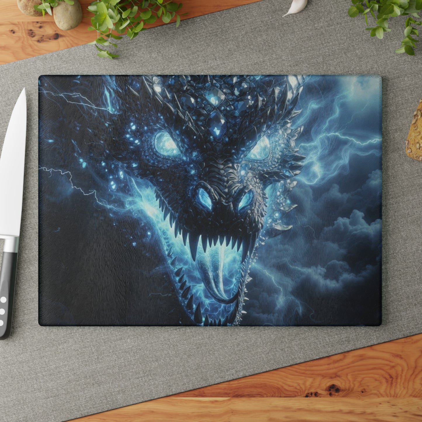 Glass Cutting Board — Electric Blue Dragon Design