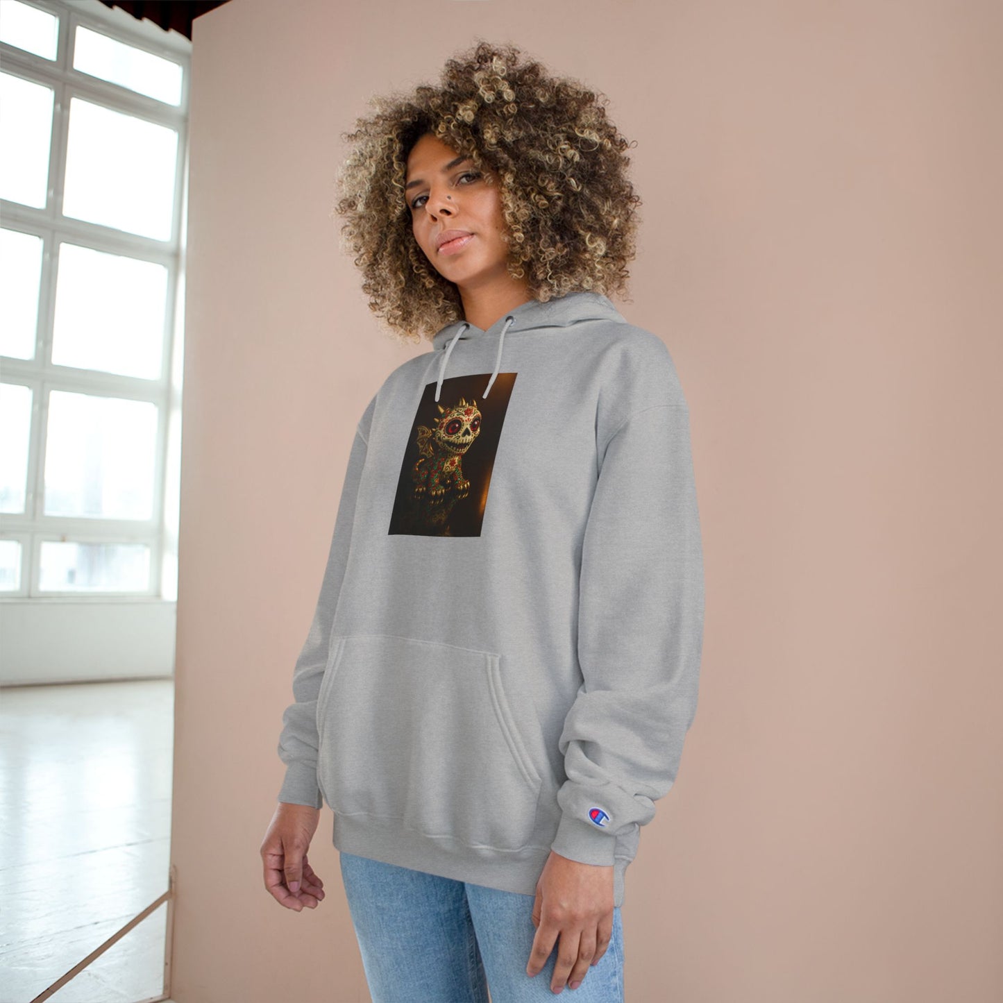 Skull Graphic Champion Hoodie, Cozy Sweatshirt, Halloween Gift, Casual Wear, Unique Design, Trendy Fashion