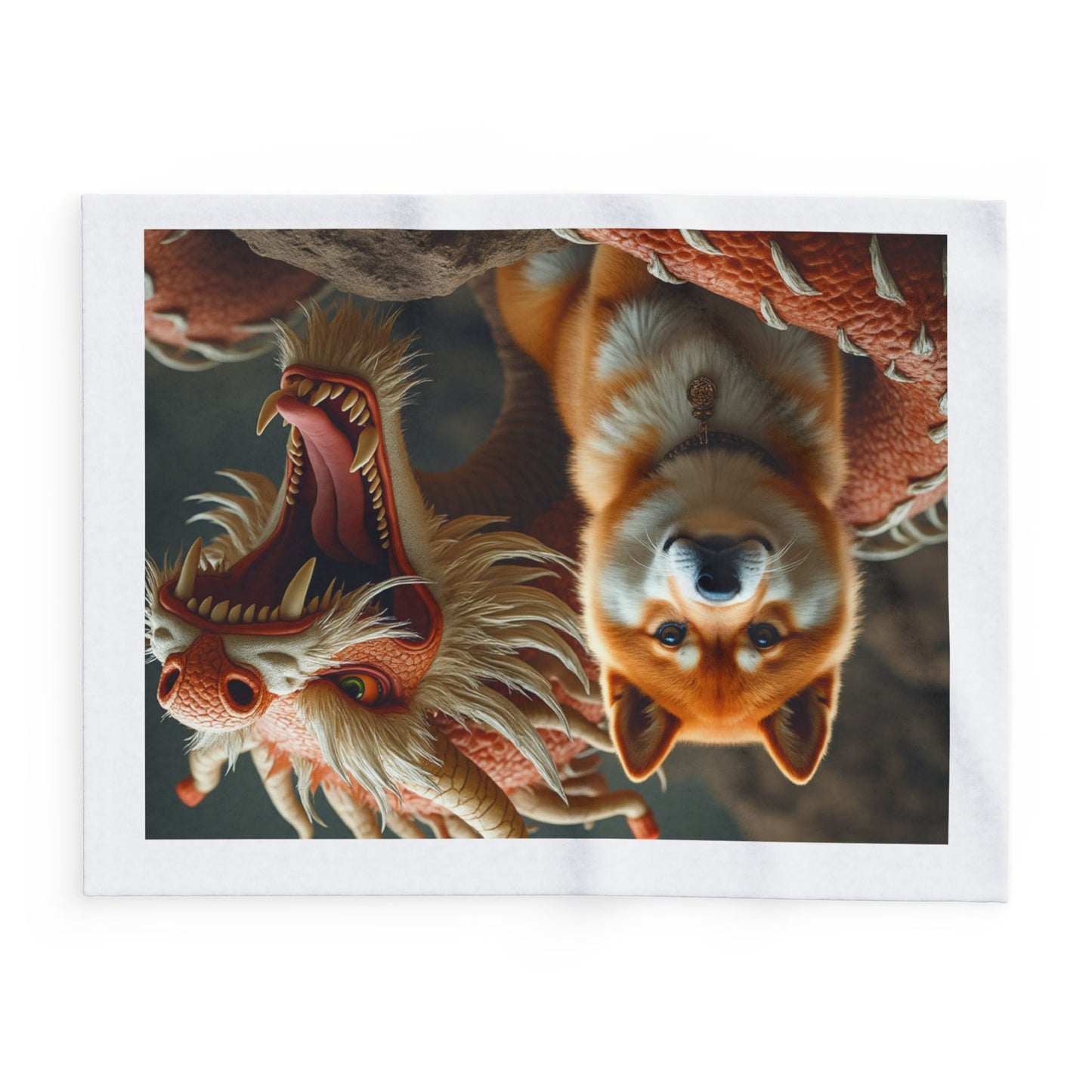 Cozy Arctic Fleece Blanket with Dragon and Dog Design – Perfect for Animal Lovers