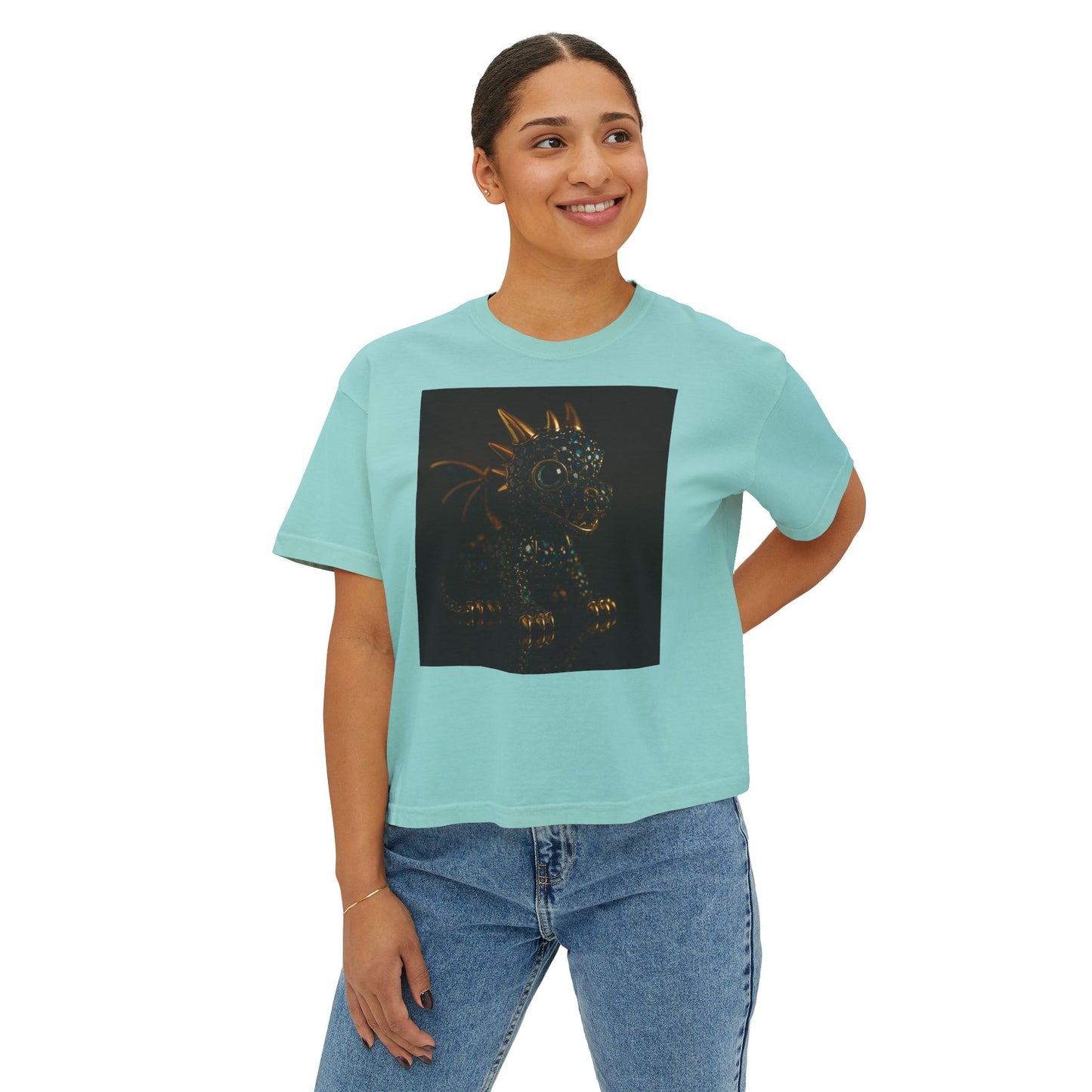 Blue Diamond Dragon Glow Boxy Tee - Cute Casual Wear for Kids & Adults, Perfect for Parties, Birthdays, Everyday Fun, Dinosaur Lovers Gift