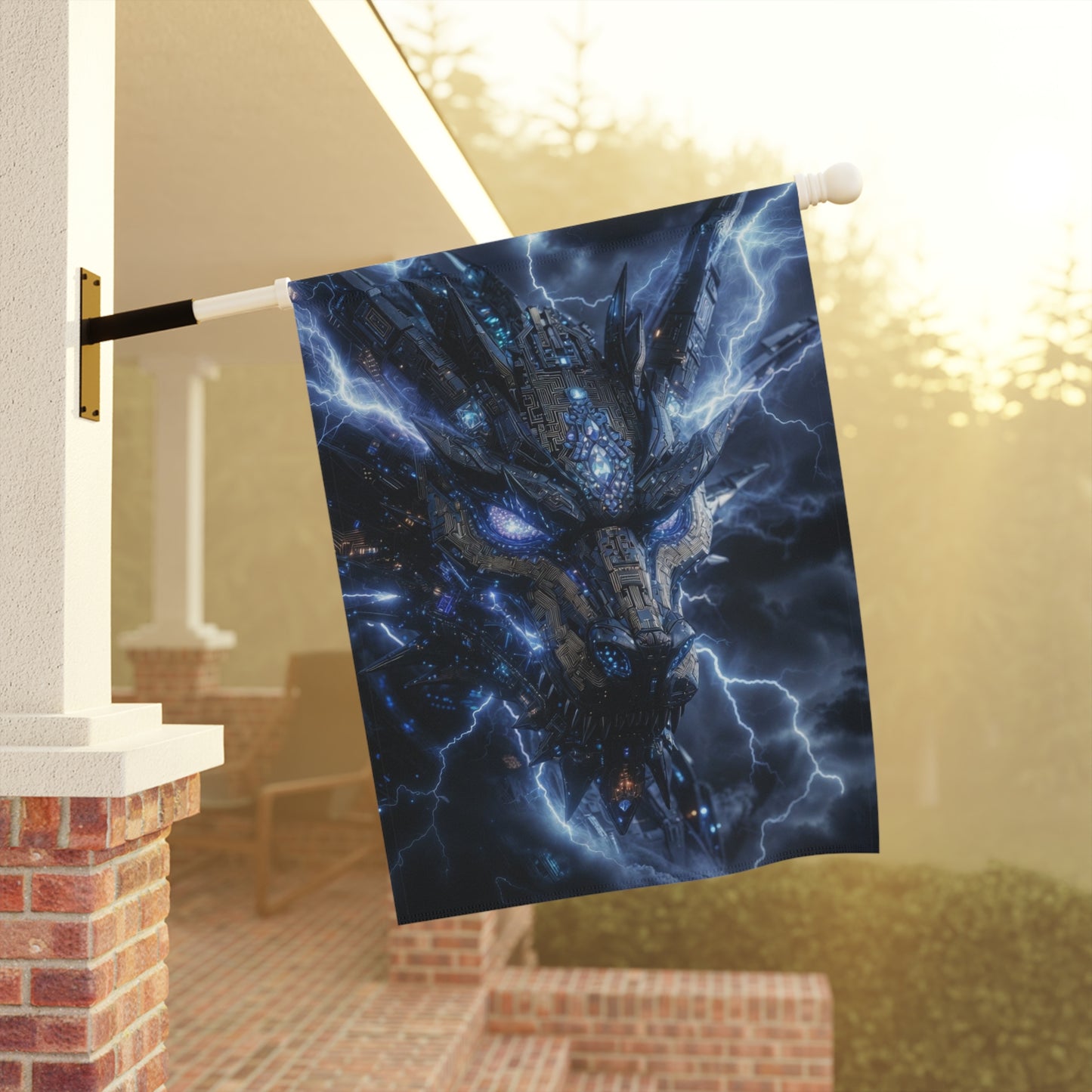 Electric Dragon Garden Flag — Stormy Blue Fantasy House Banner