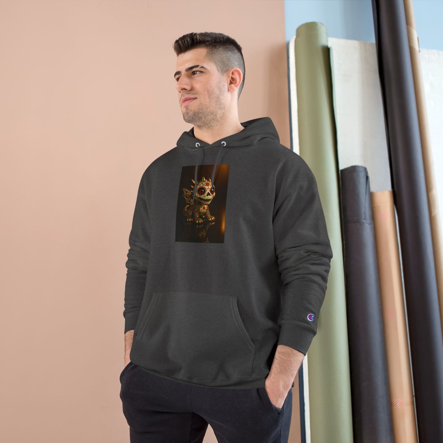 Skull Graphic Champion Hoodie, Cozy Sweatshirt, Halloween Gift, Casual Wear, Unique Design, Trendy Fashion