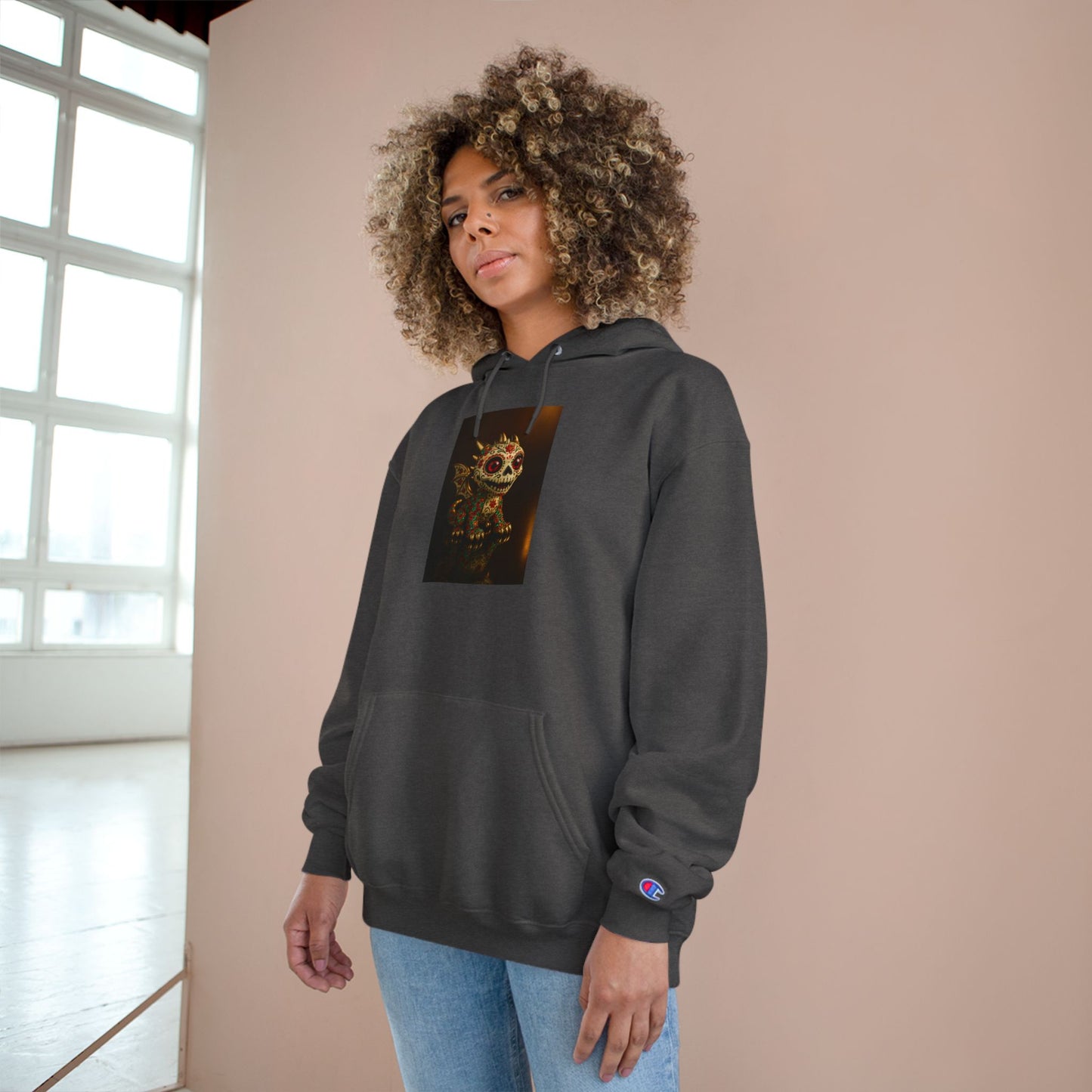 Skull Graphic Champion Hoodie, Cozy Sweatshirt, Halloween Gift, Casual Wear, Unique Design, Trendy Fashion