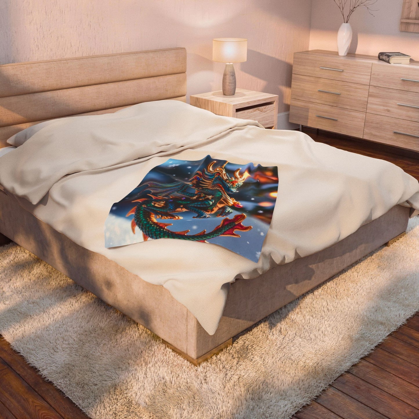 Dragon Ornament Velveteen Plush Blanket — Festive Fantasy Holiday Throw