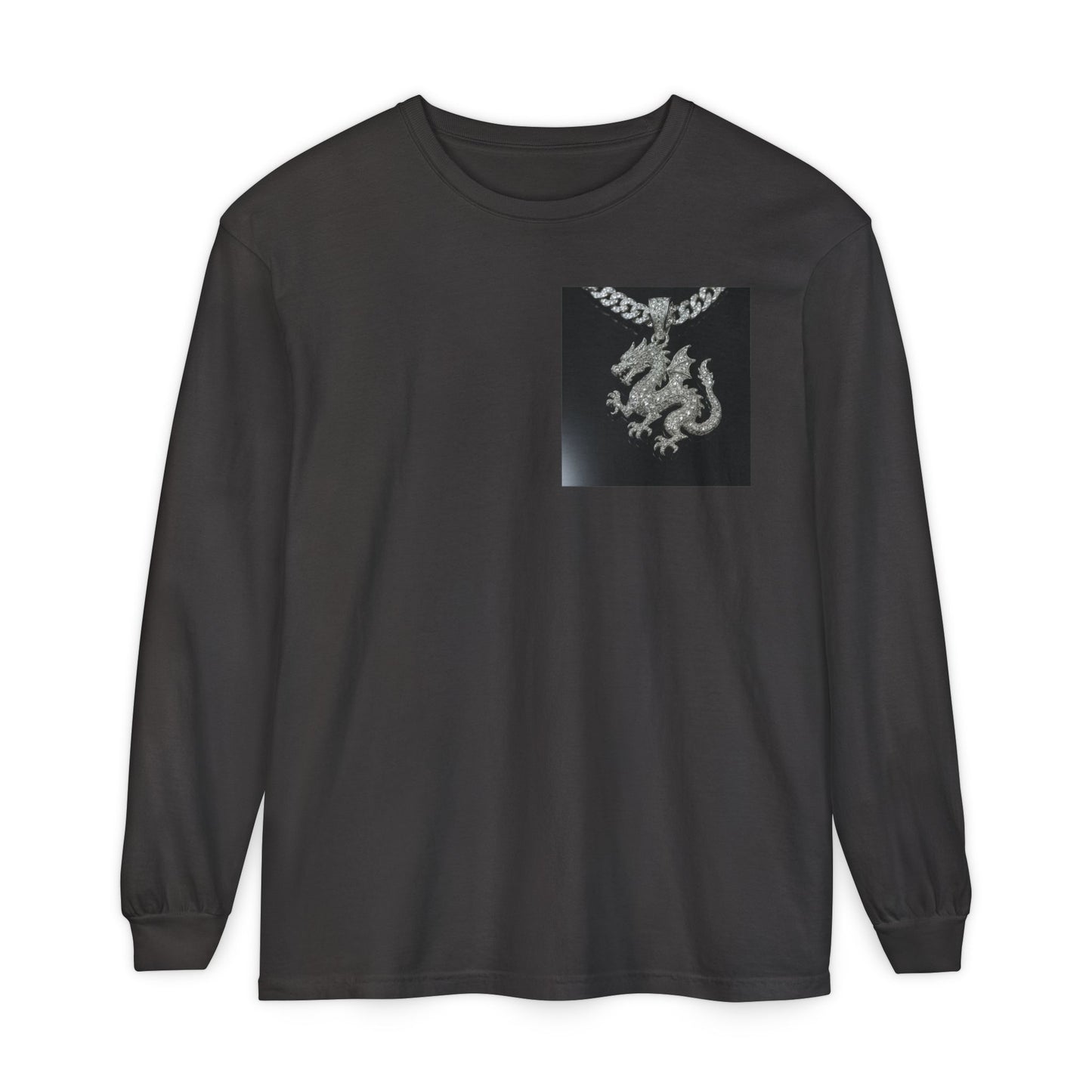 Dragon Pendant Long Sleeve T‑Shirt — Gothic Silver Chain Graphic