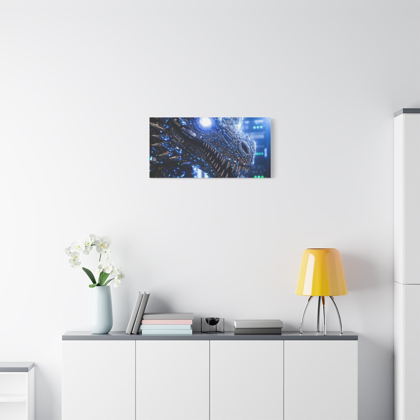 Cyber Dragon Canvas Print — Futuristic Metallic Dragon Wall Art