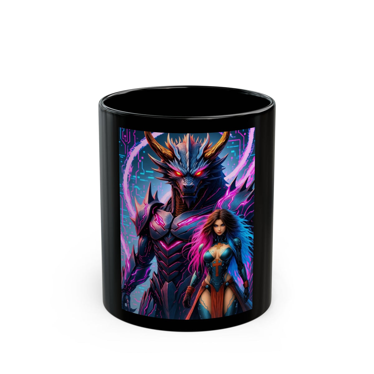 A Stunning Fantasy Black Mug with Dragon and Warrior Design