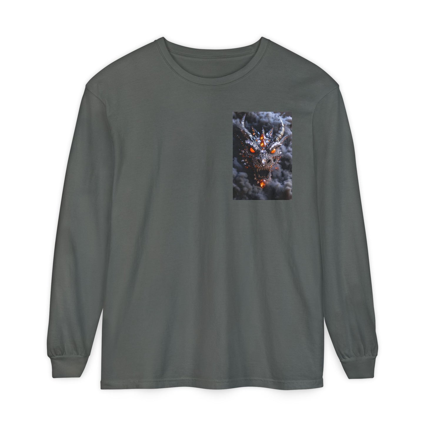 Long Sleeve T‑Shirt — Smoky Dragon Chest Print, Spooky Autumn Graphic