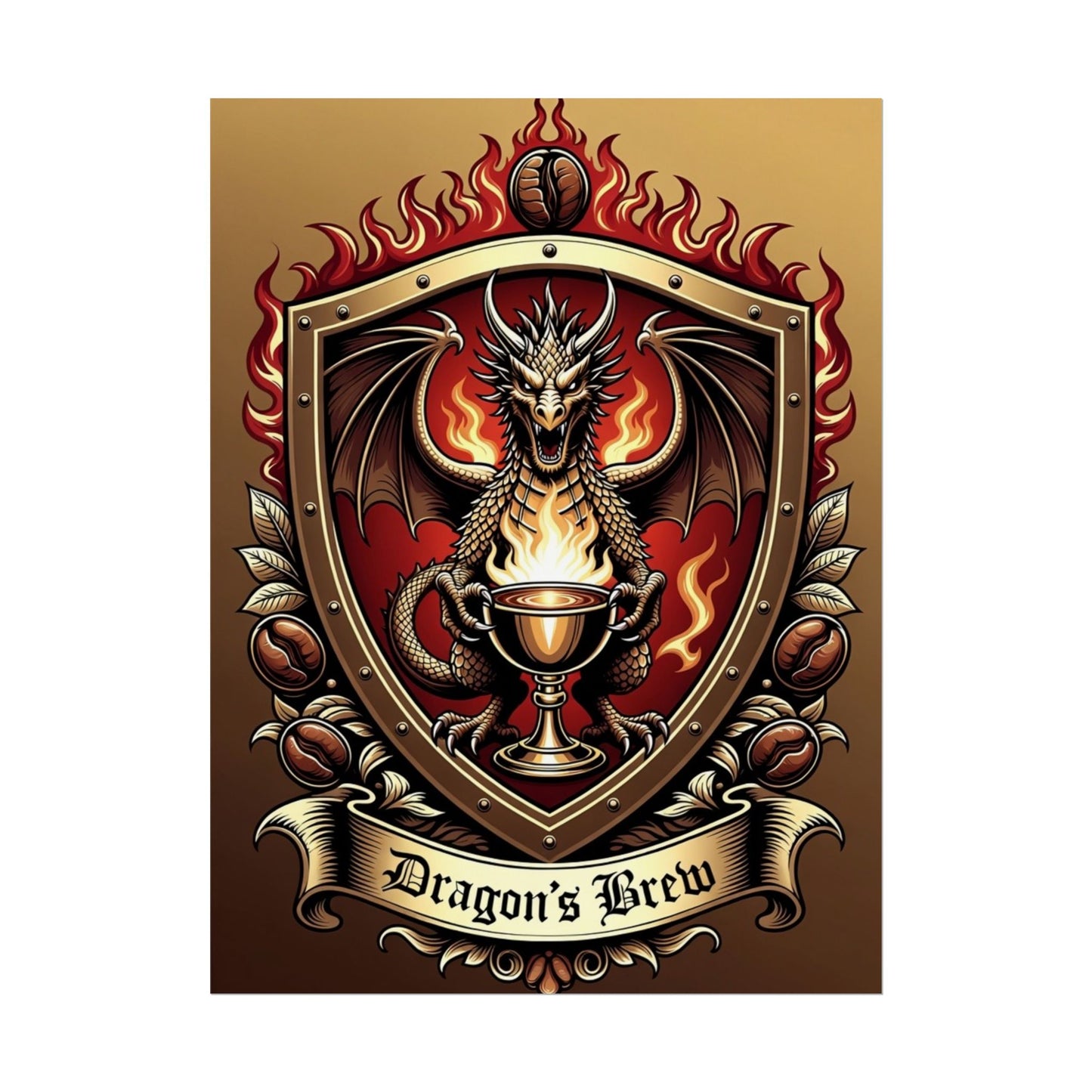 Dragon's Brew Poster — Fantasy Dragon Shield Artwork Rolled Poster