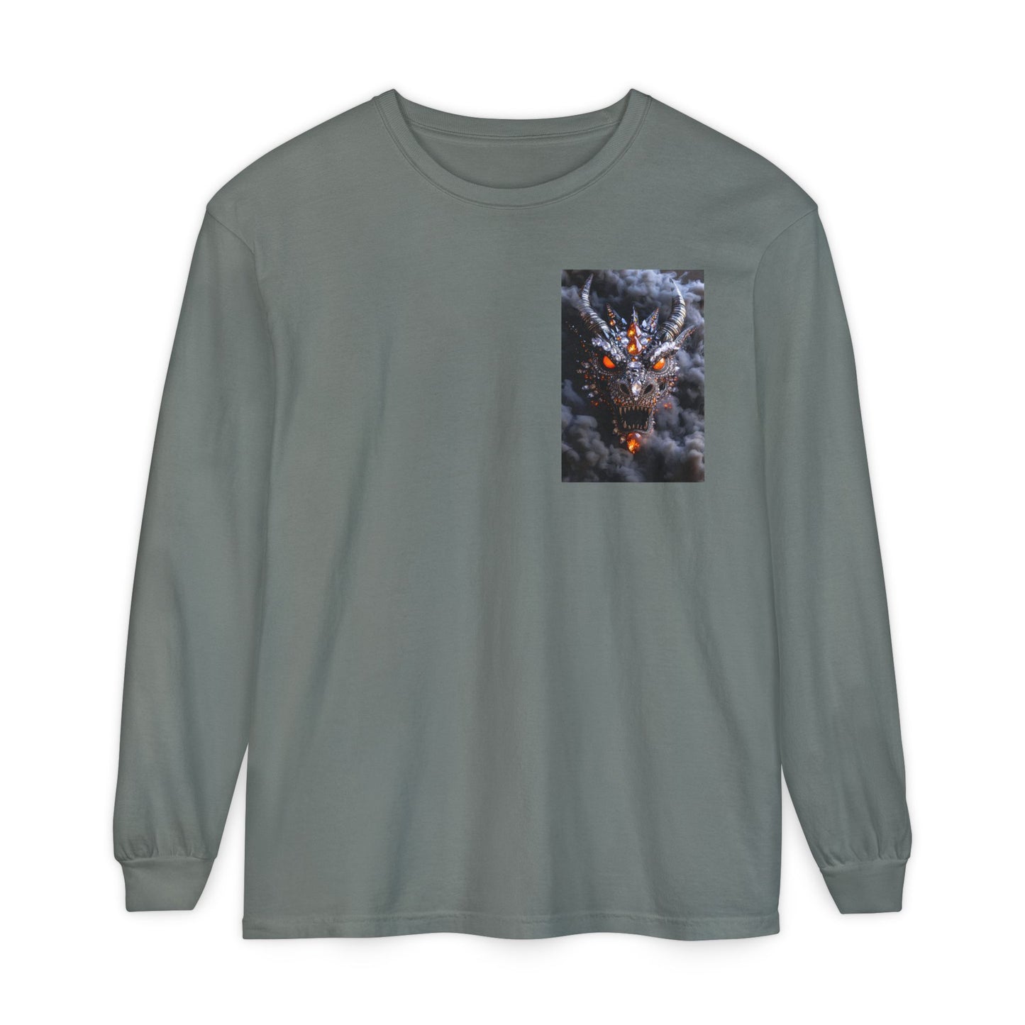 Long Sleeve T‑Shirt — Smoky Dragon Chest Print, Spooky Autumn Graphic