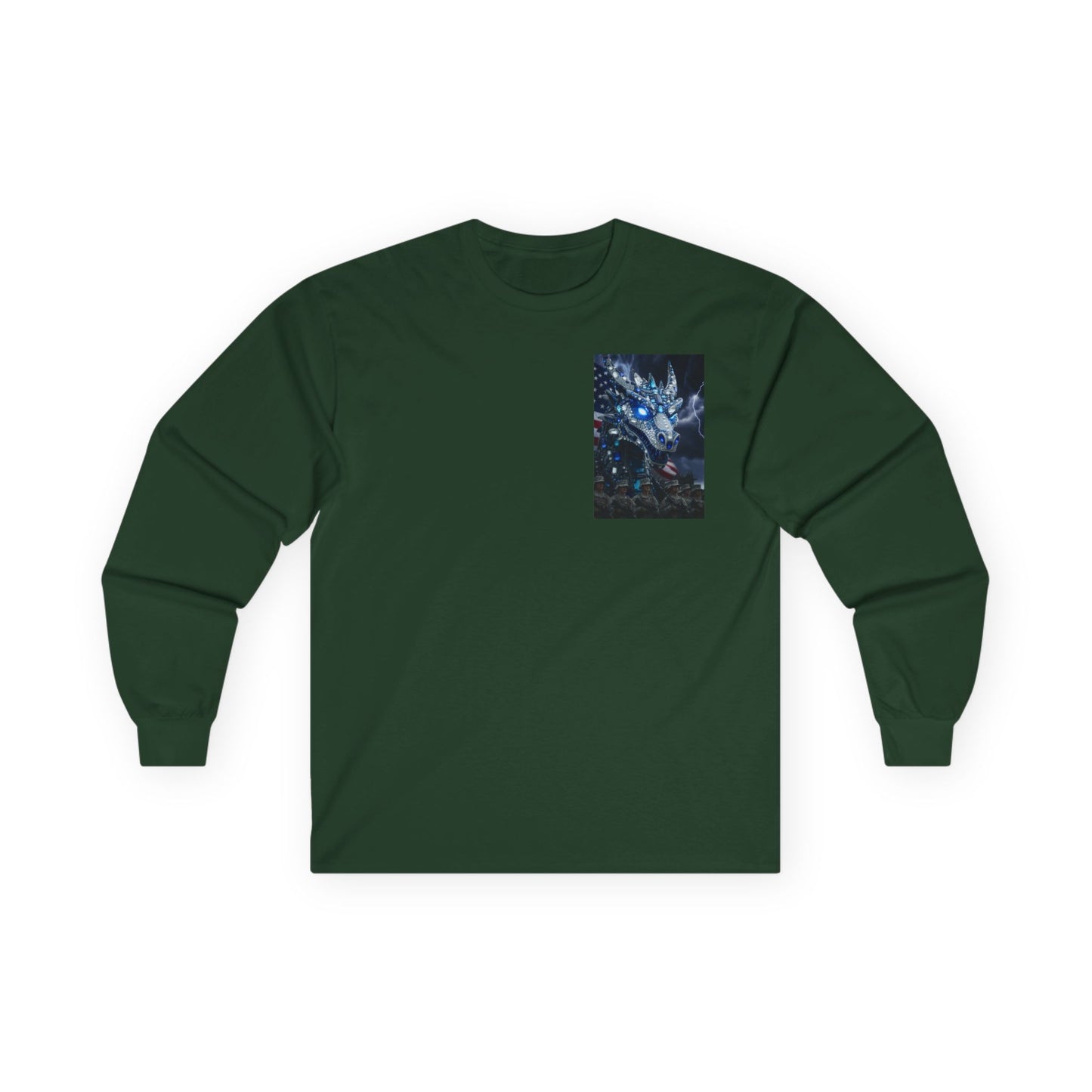 Mystic Blue Dragon Long Sleeve Tee — Night Forest Animal Graphic