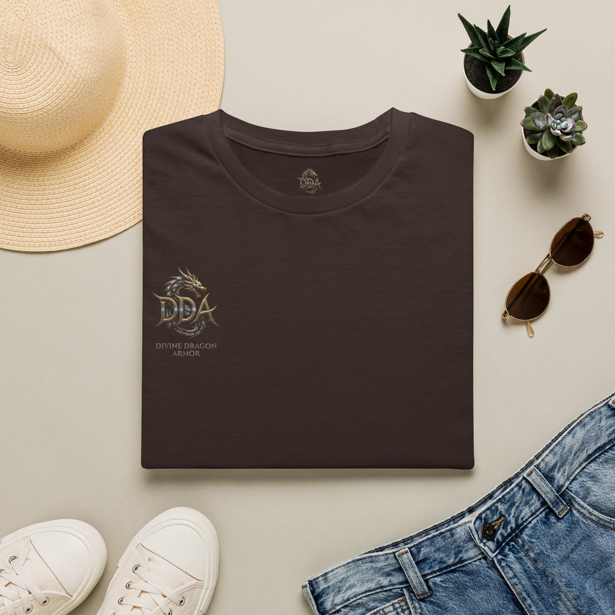 DDA DIVINE DRAGON ARMOR T-Shirt — Golden Dragon Emblem Chest Logo, Fantasy Gaming Fan Tee