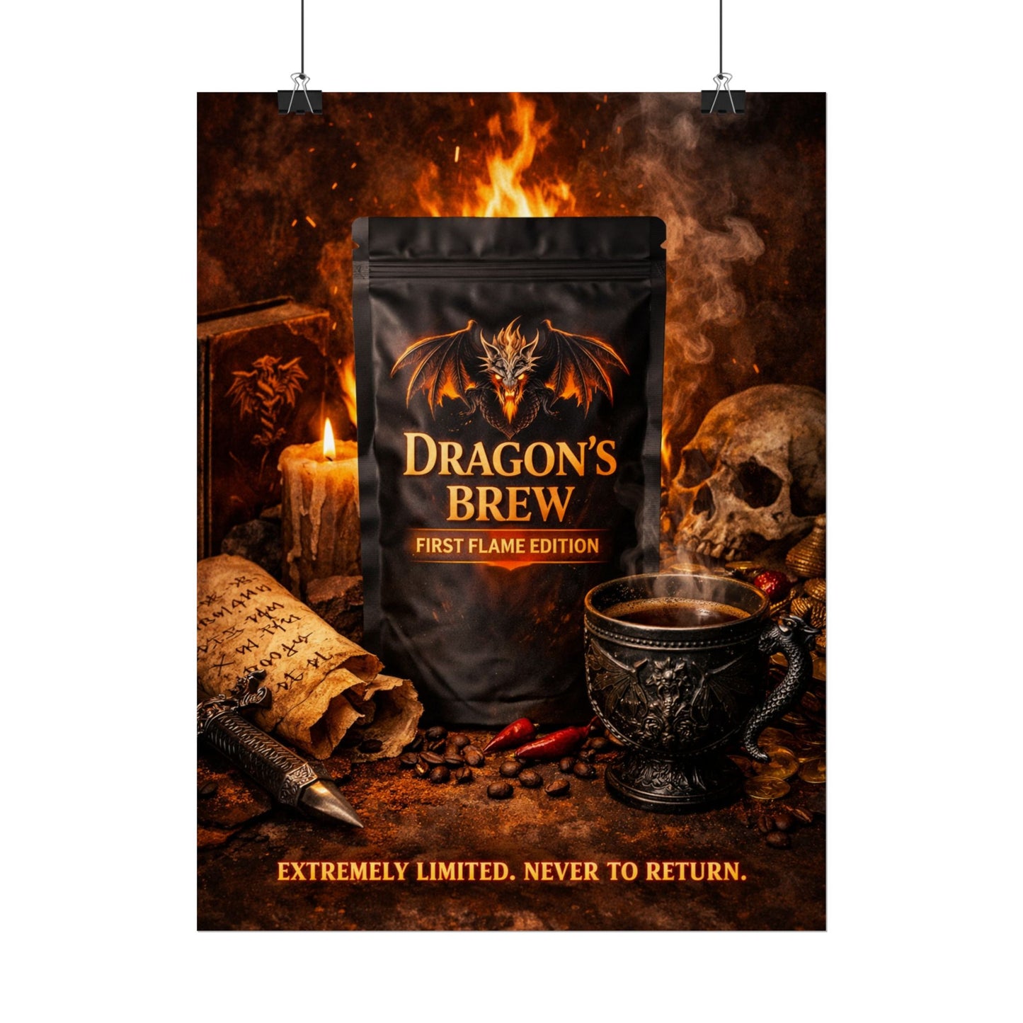 Rolled Poster — "Dragon's Brew: First Flame Edition" Fantasy Coffee Art Print