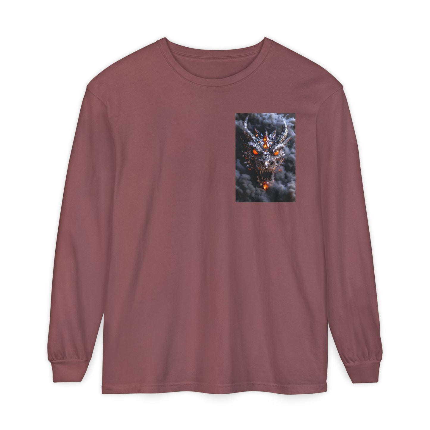 Long Sleeve T‑Shirt — Smoky Dragon Chest Print, Spooky Autumn Graphic