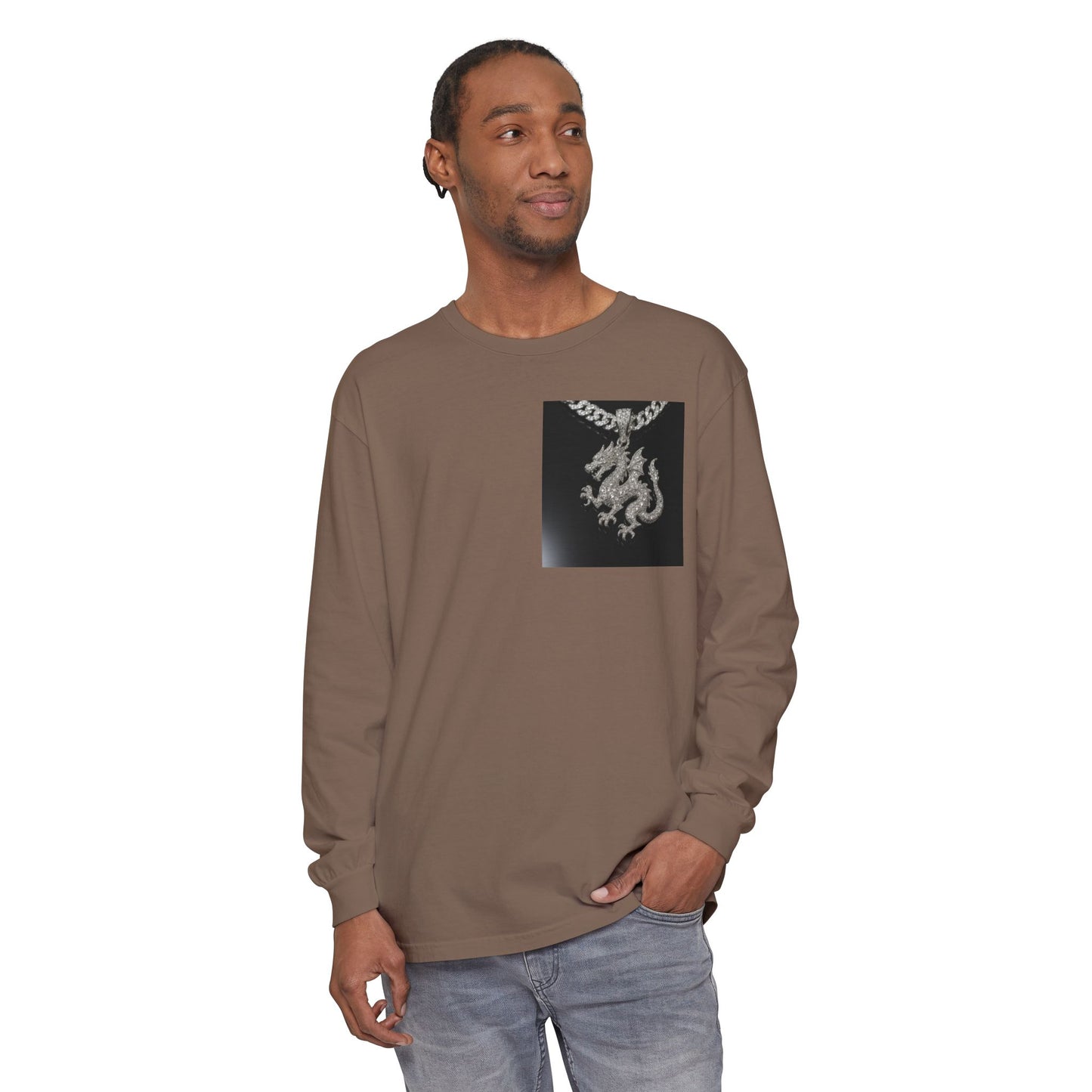 Dragon Pendant Long Sleeve T‑Shirt — Gothic Silver Chain Graphic