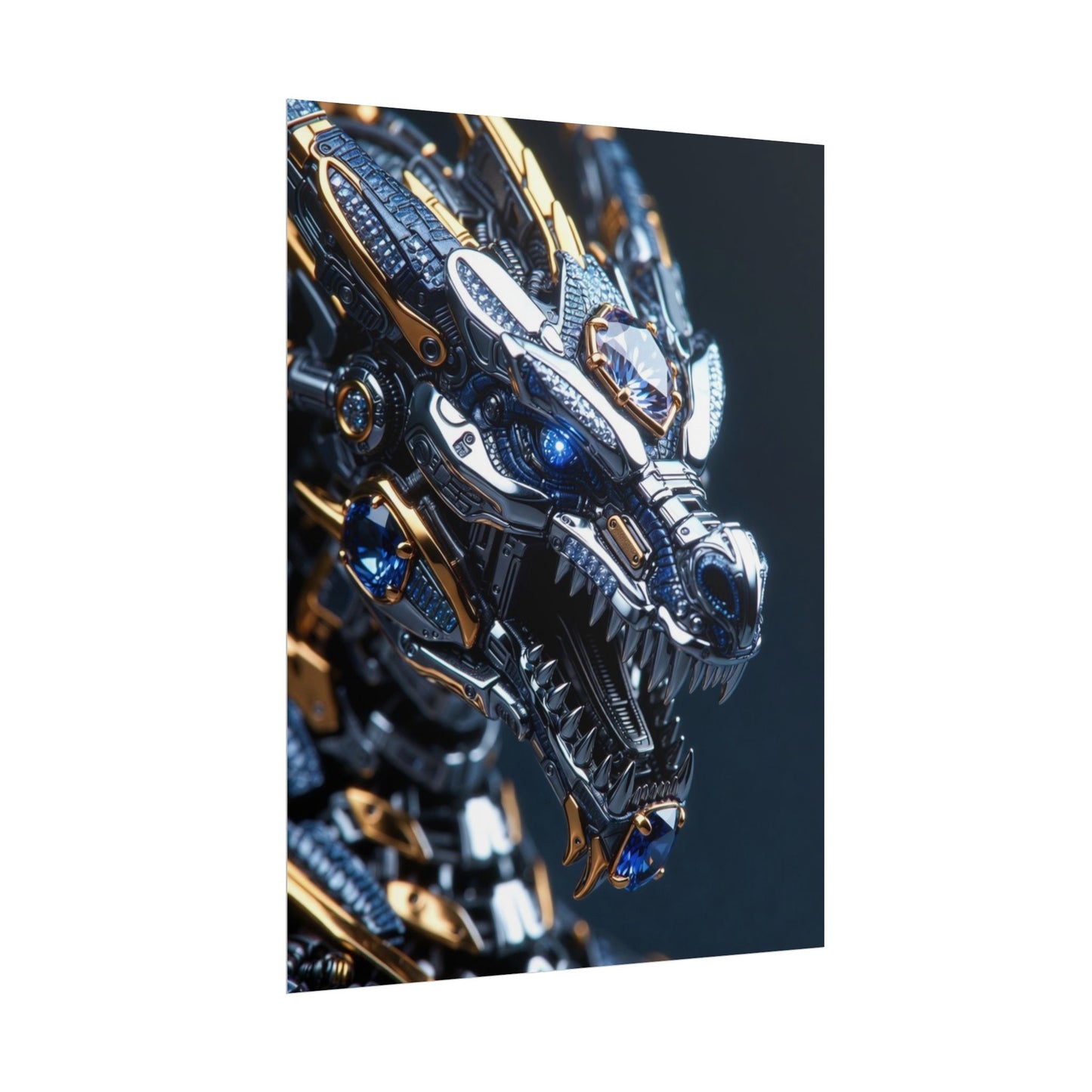 Mechanical Dragon Poster — Futuristic Gold & Blue Sci‑Fi Wall Art