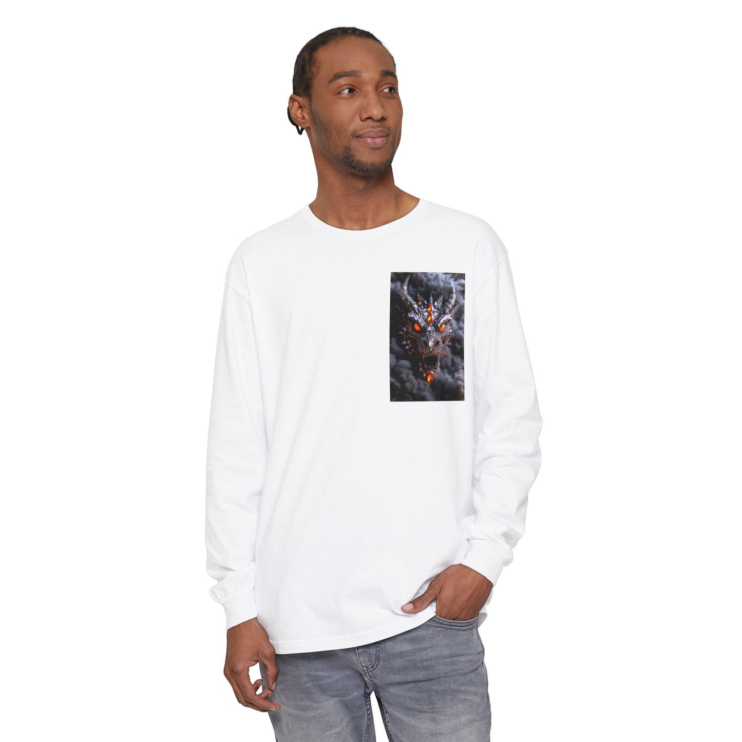 Long Sleeve T‑Shirt — Smoky Dragon Chest Print, Spooky Autumn Graphic