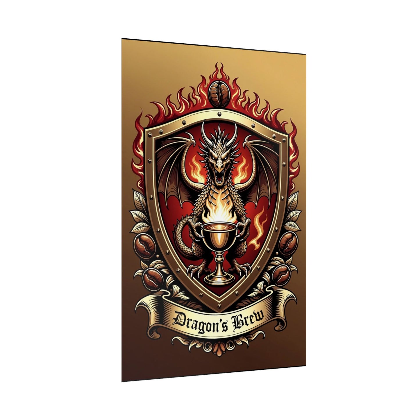 Dragon's Brew Poster — Fantasy Dragon Shield Artwork Rolled Poster