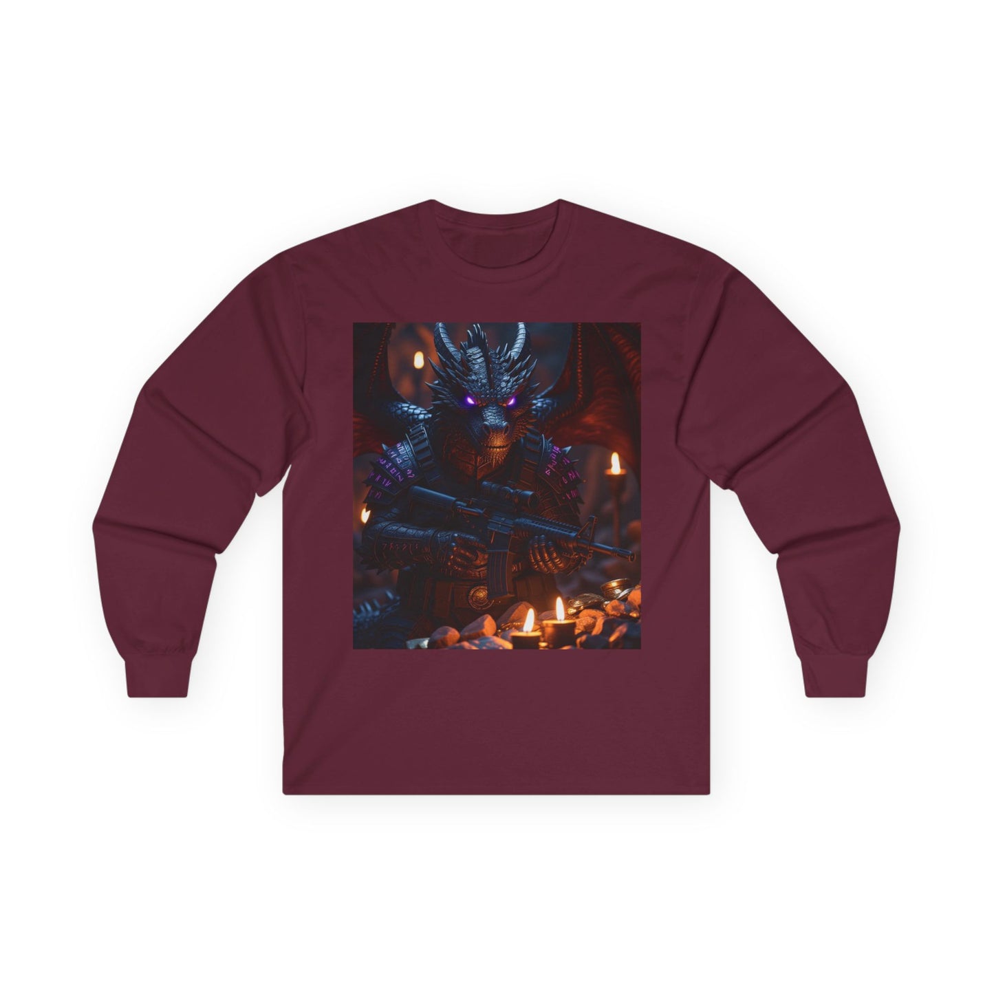 Dragon Knight Art Long Sleeve Tee — Dark Fantasy Candlelight Design