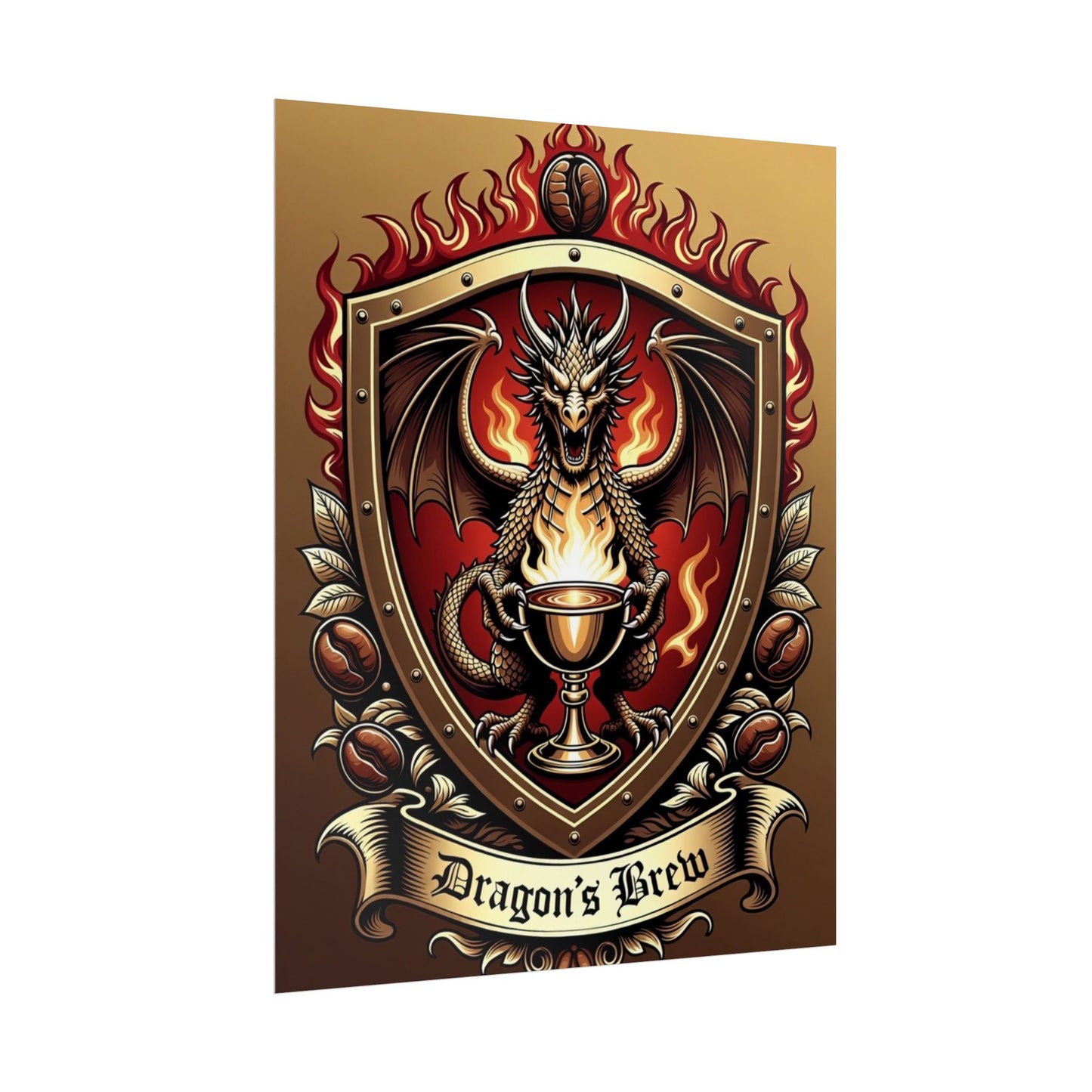 Dragon's Brew Poster — Fantasy Dragon Shield Artwork Rolled Poster