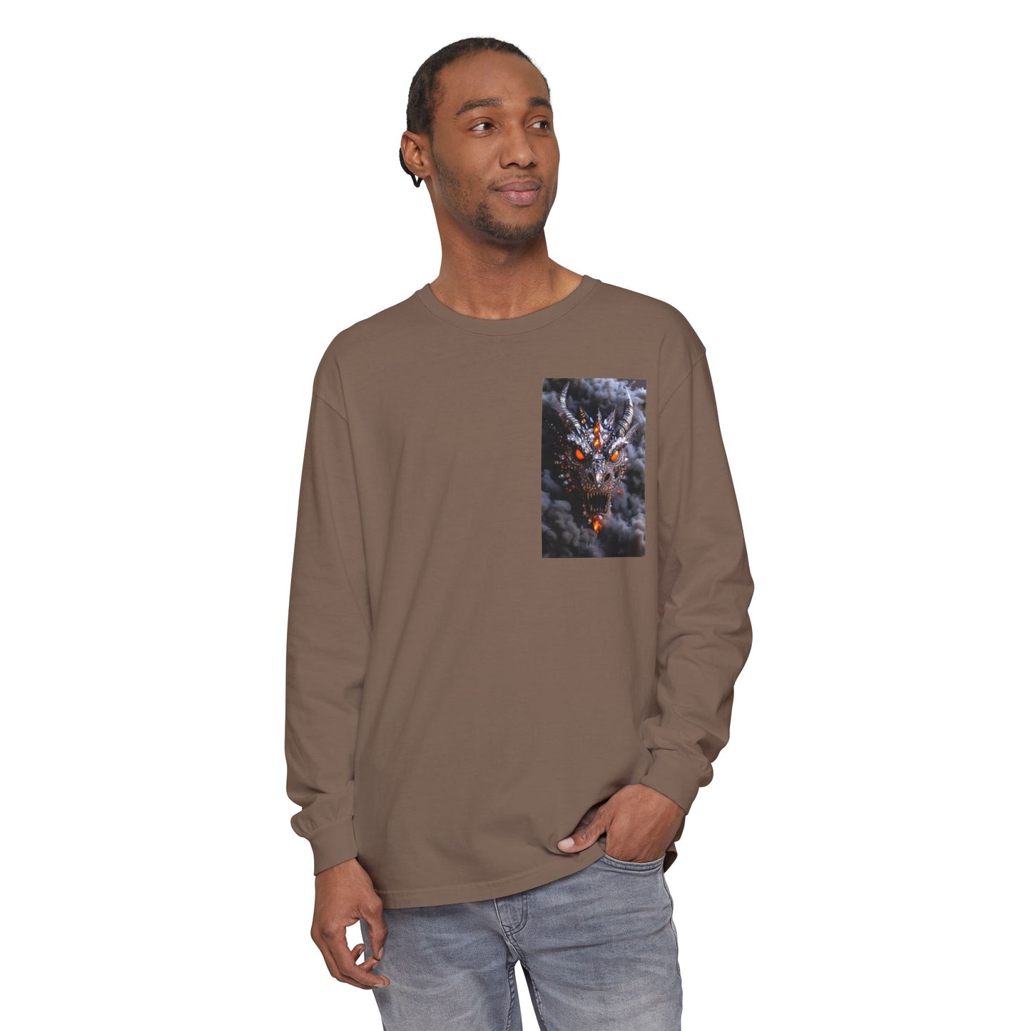 Long Sleeve T‑Shirt — Smoky Dragon Chest Print, Spooky Autumn Graphic