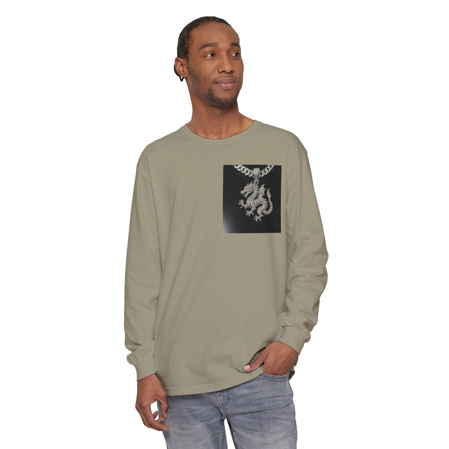 Dragon Pendant Long Sleeve T‑Shirt — Gothic Silver Chain Graphic