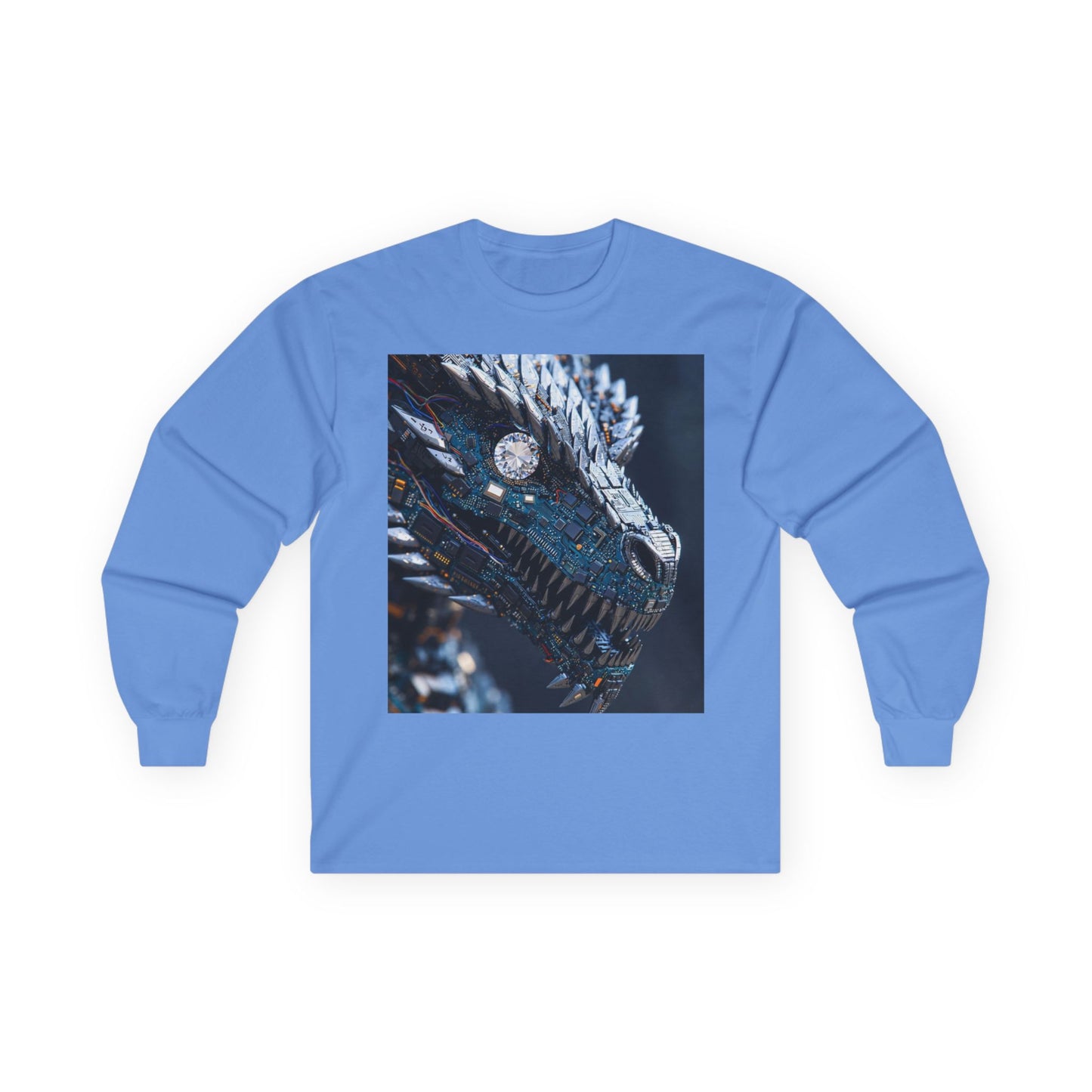 Dragon Head Graphic Long Sleeve Tee — Metallic Fantasy Artwork
