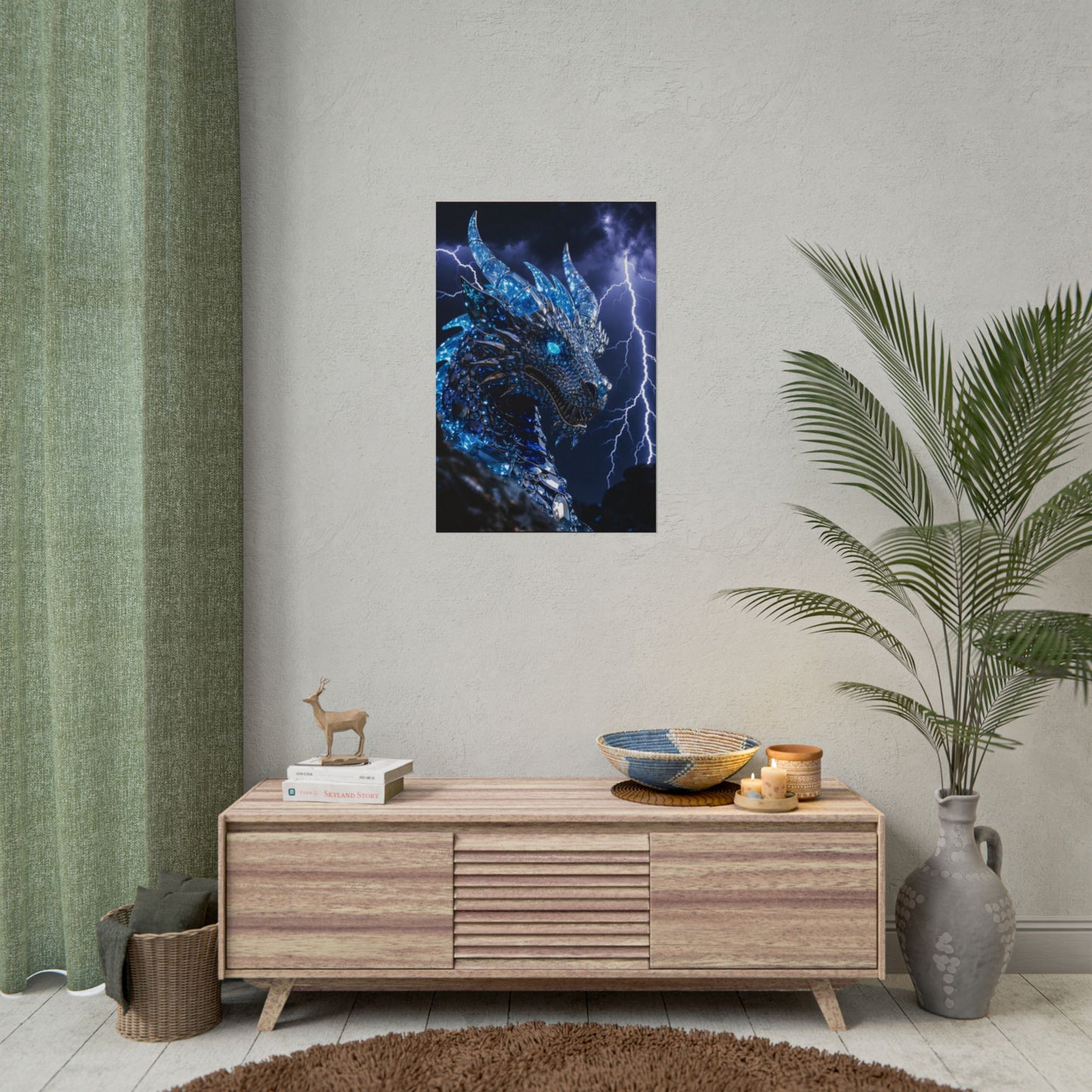 Blue Lightning Dragon Poster — Fantasy Wall Art Rolled Poster