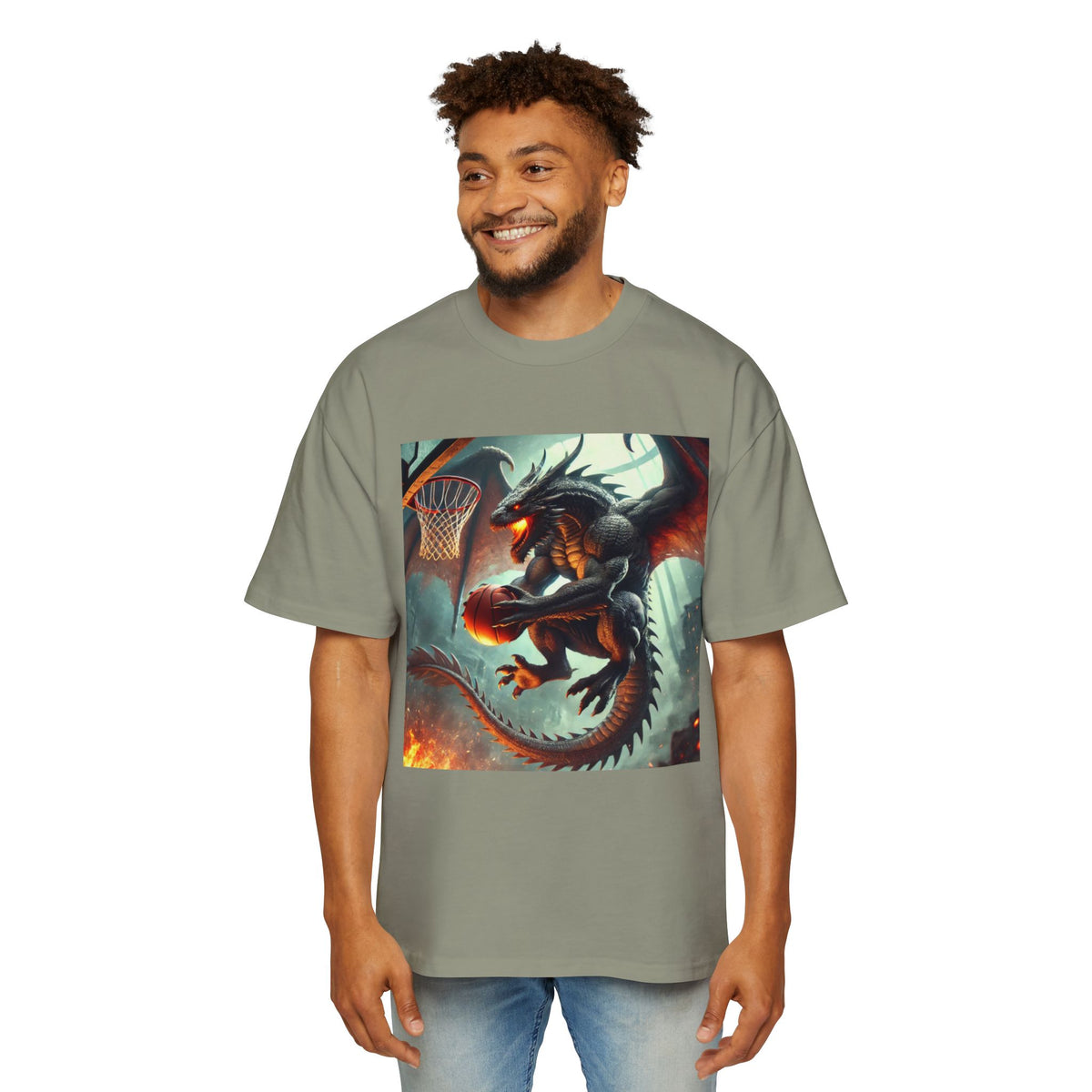 A Men's Fantasy Dragon Basketball Tee - Oversized Graphic Shirt, Streetwear Style, Casual Outfit, Gift for Him, Unique Art Tee