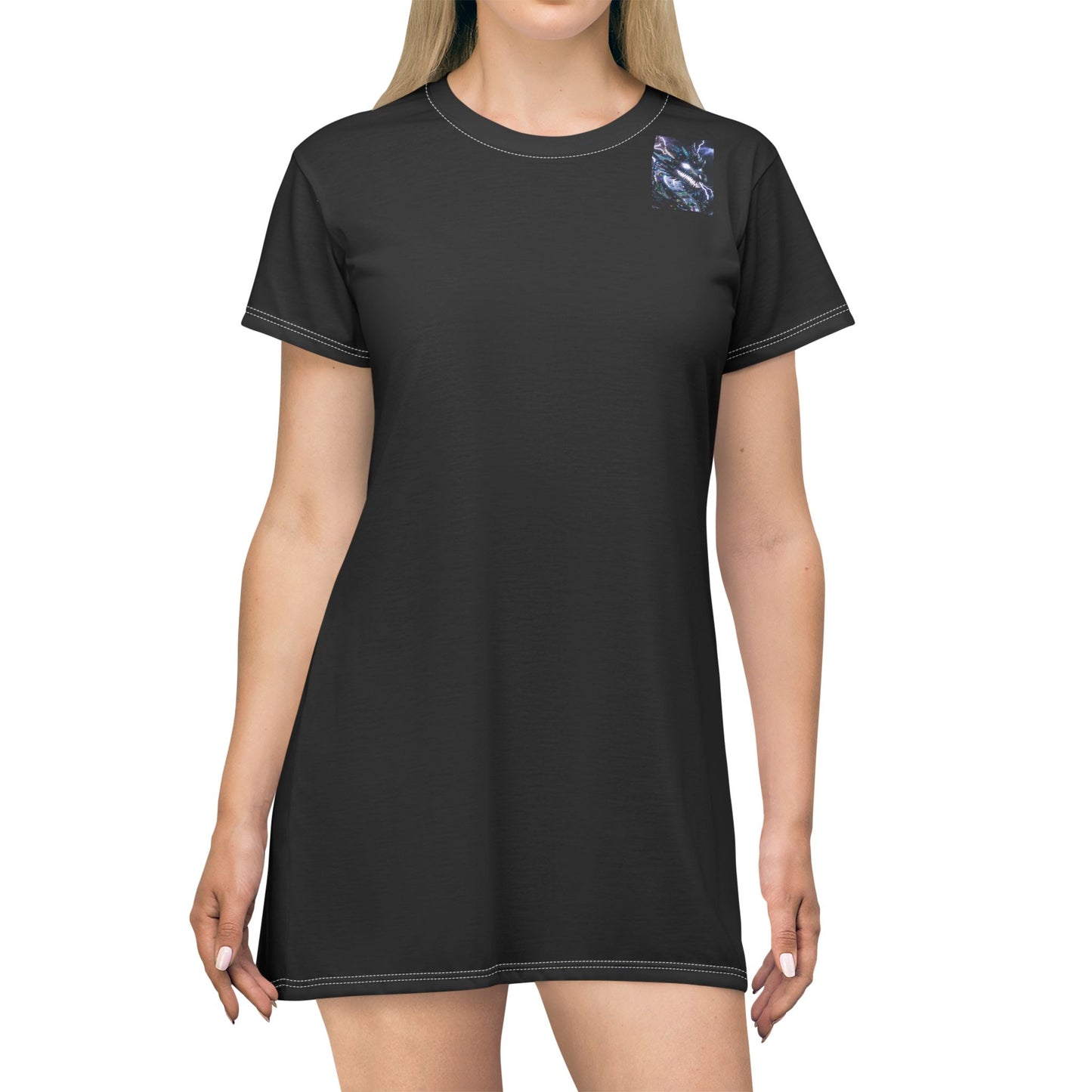 Black Pocket T‑Shirt Dress with Blue Marble Accent — Casual Everyday AOP Dress