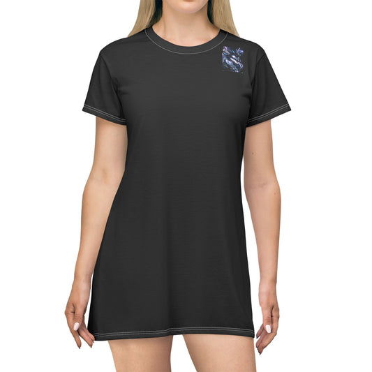Black Pocket T‑Shirt Dress with Blue Marble Accent — Casual Everyday AOP Dress