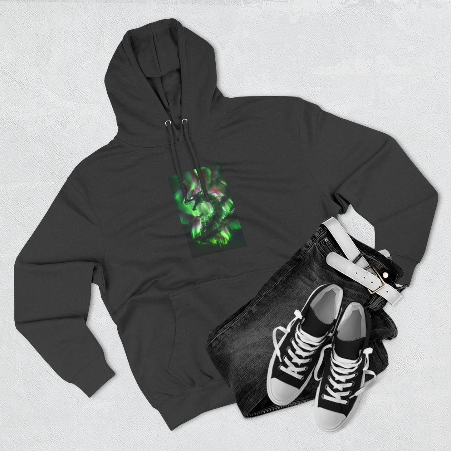Green Nebula Abstract Hoodie — Aurora Swirl Fleece Pullover
