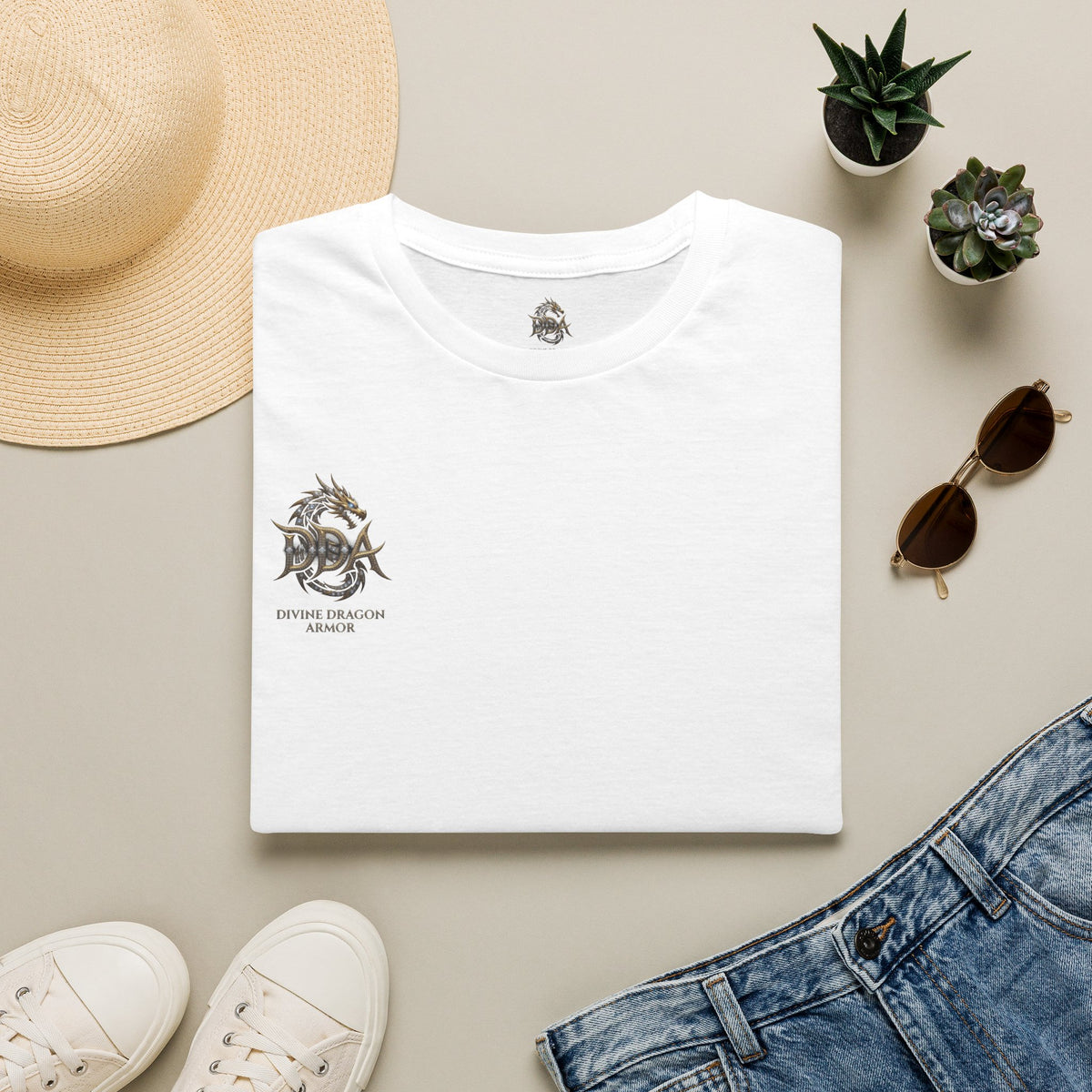 DDA DIVINE DRAGON ARMOR T-Shirt — Golden Dragon Emblem Chest Logo, Fantasy Gaming Fan Tee