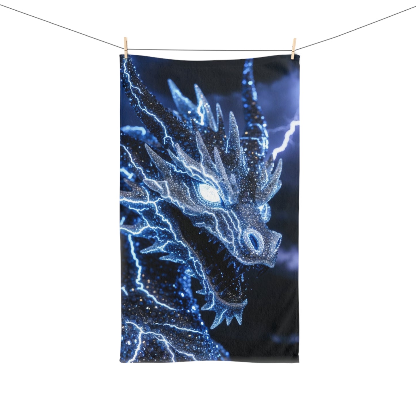 Electric Blue Dragon Hand Towel — Lightning Fantasy Bathroom & Kitchen Decor