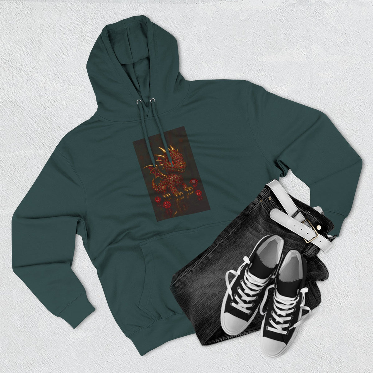 A RUBY RED Dragon Swirl Fleece Hoodie - Three-Panel Design for Fantasy Lovers