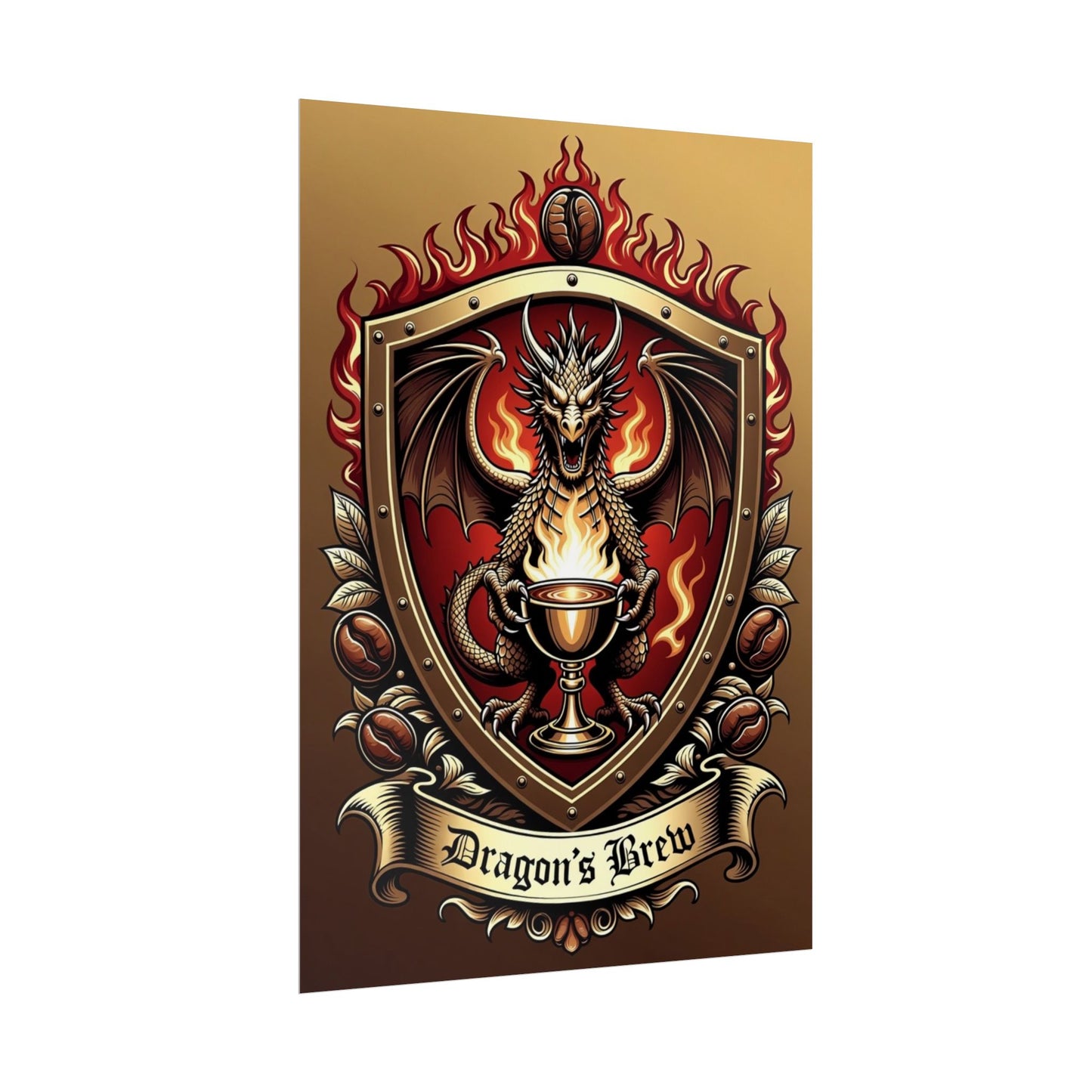 Dragon's Brew Poster — Fantasy Dragon Shield Artwork Rolled Poster