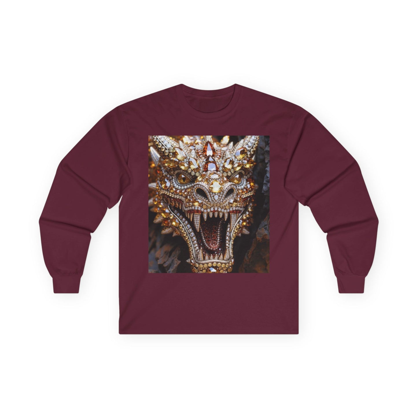Dragon Mask Long Sleeve Tee — Ornate Fiery Dragon Face Graphic