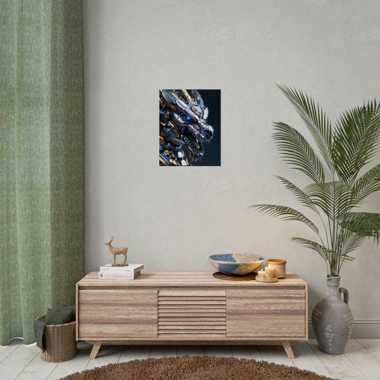 Mechanical Dragon Poster — Futuristic Gold & Blue Sci‑Fi Wall Art