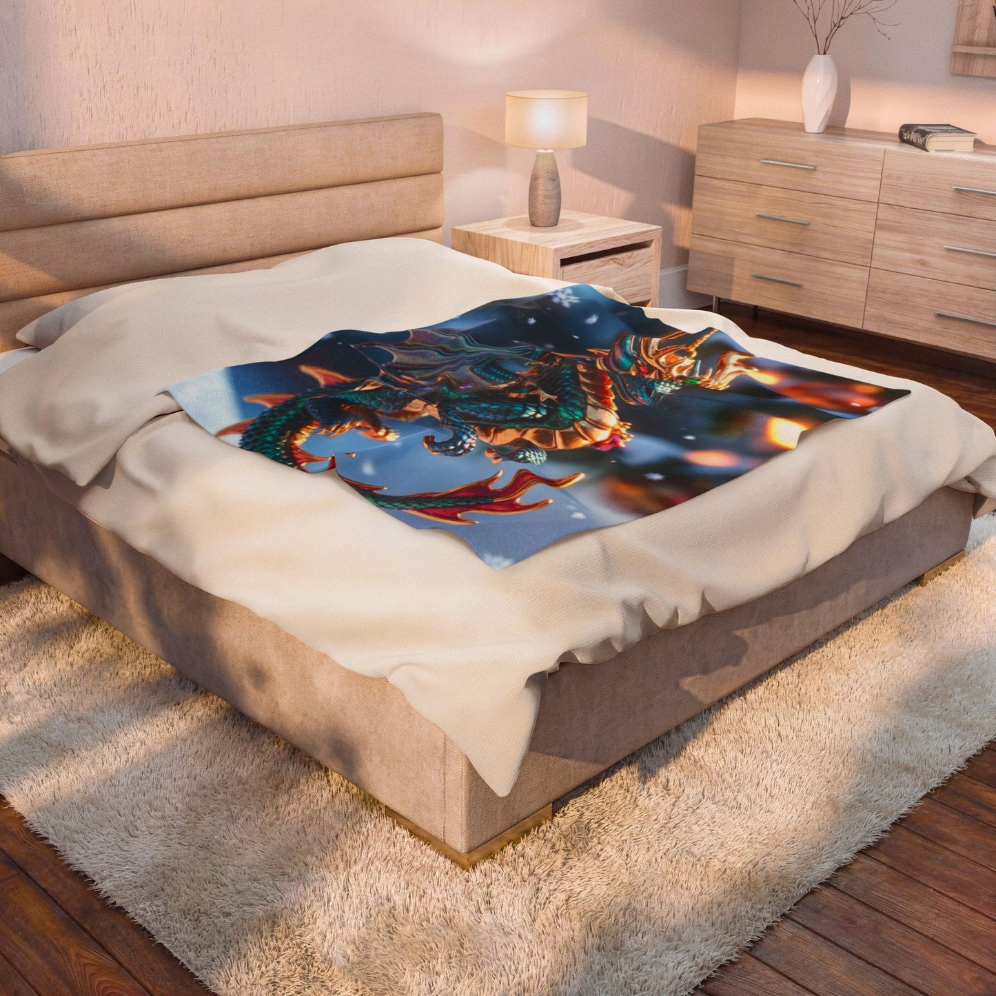 Dragon Ornament Velveteen Plush Blanket — Festive Fantasy Holiday Throw