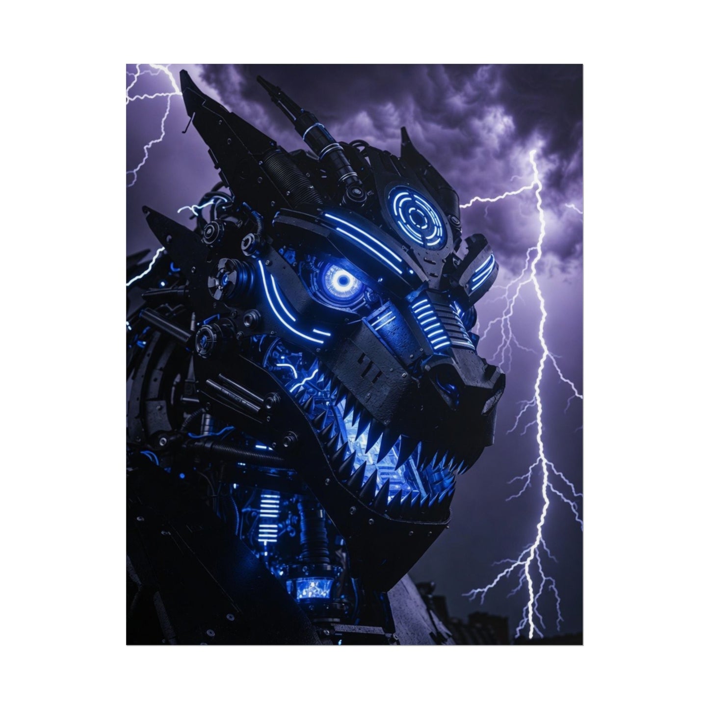 CyberDragon Storm Poster — Futuristic Mech Wolf Art Print (Rolled Poster)