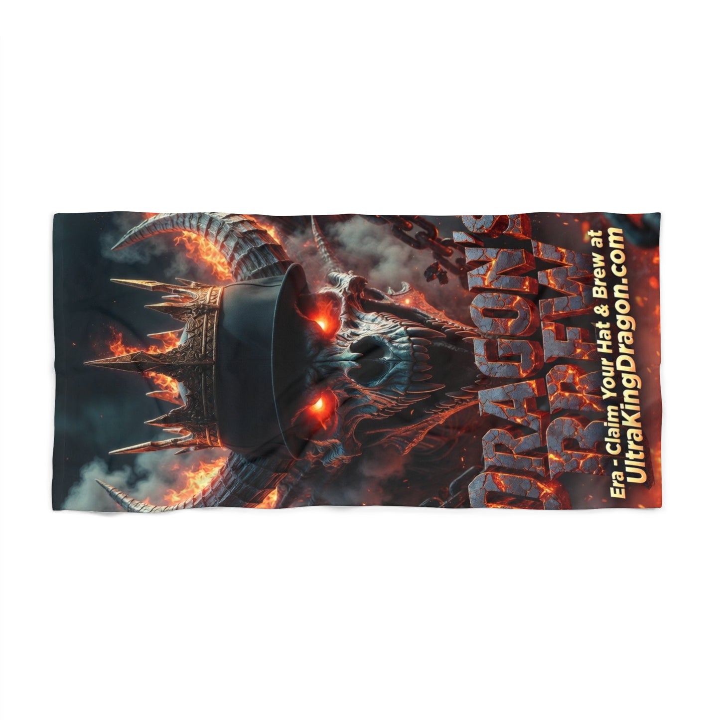 Dragon Skull Beach Towel — Fiery Skull Design with Glowing Eyes (Promotional Text Included)