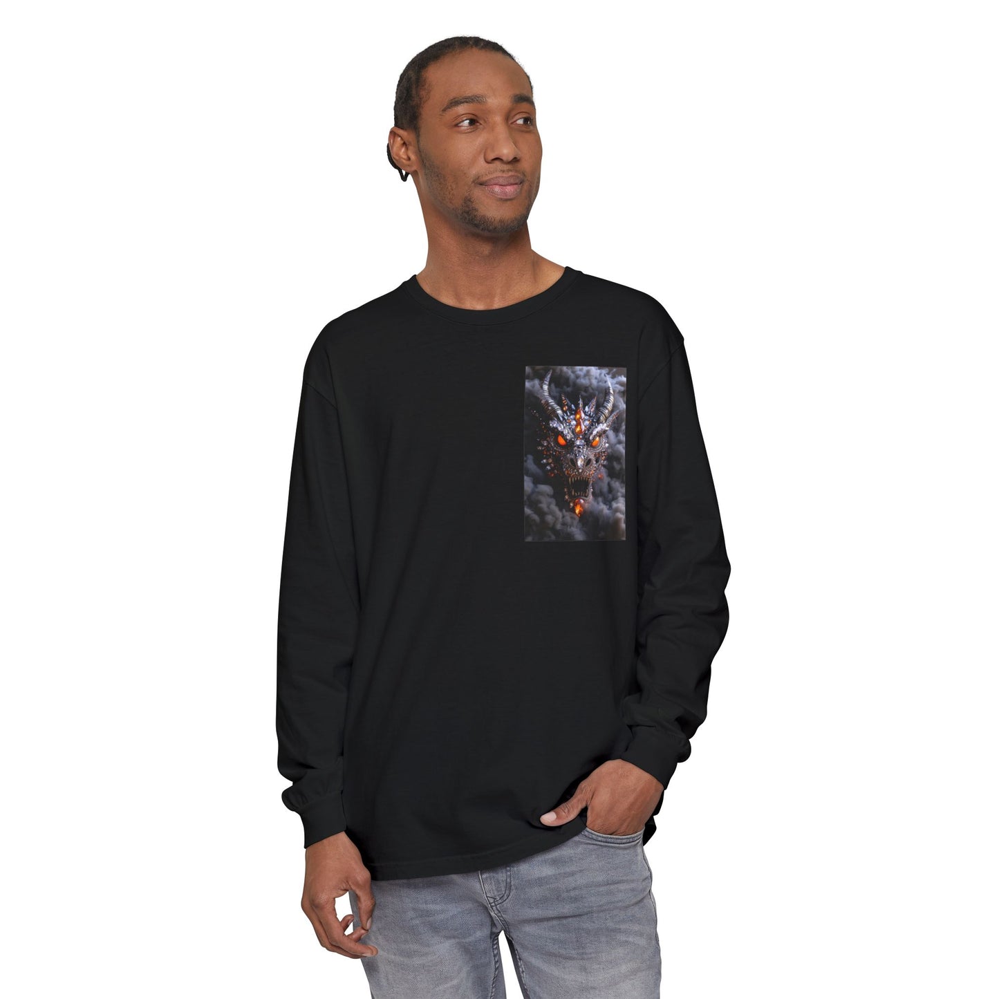 Long Sleeve T‑Shirt — Smoky Dragon Chest Print, Spooky Autumn Graphic