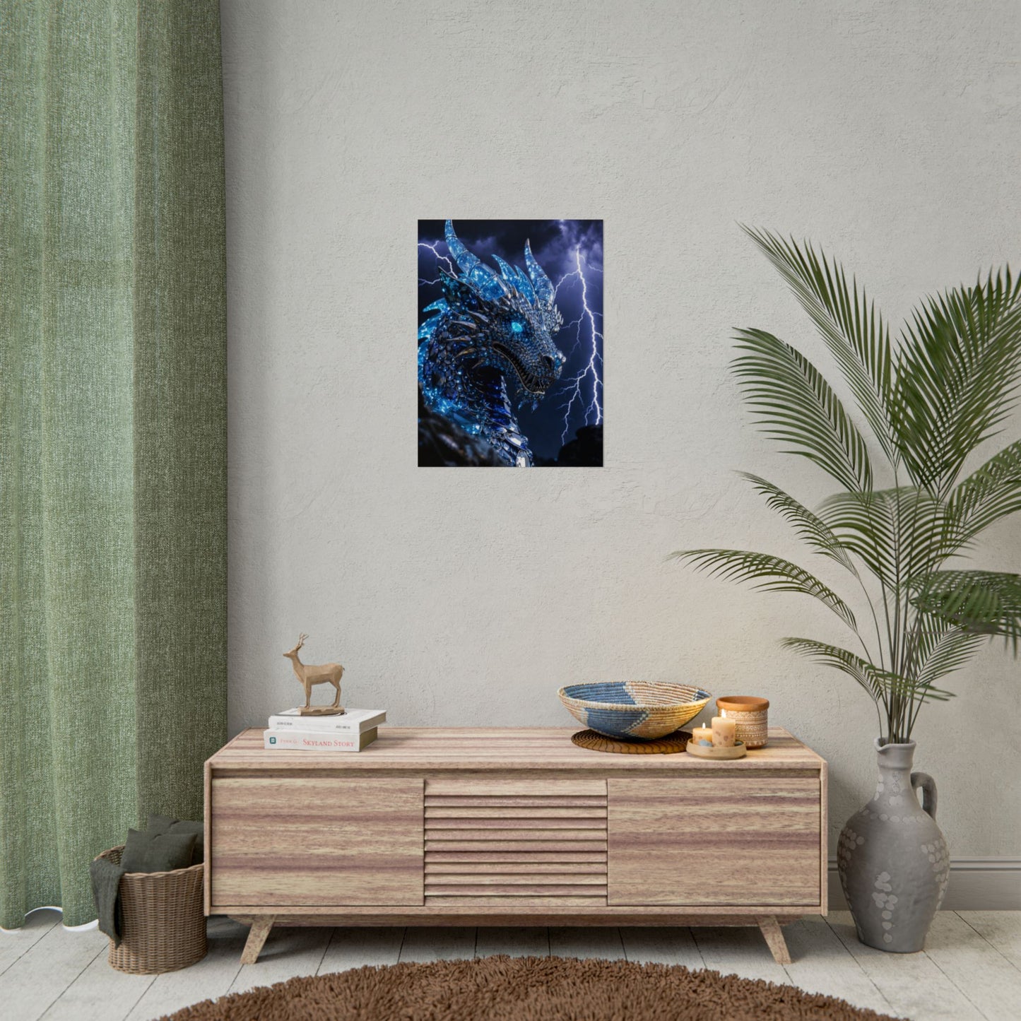 Blue Lightning Dragon Poster — Fantasy Wall Art Rolled Poster