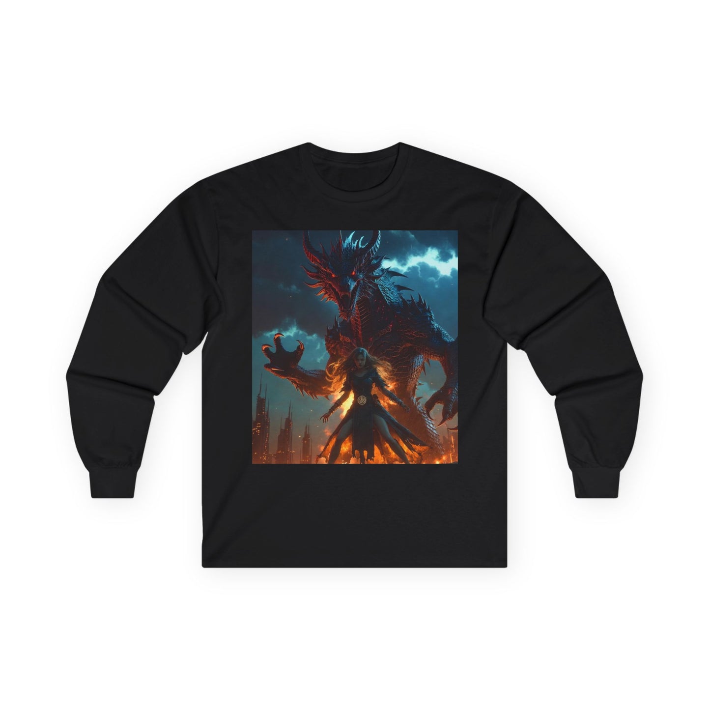 Dragon of Flame Long Sleeve Tee — Dark Fantasy Fire Demon Artwork