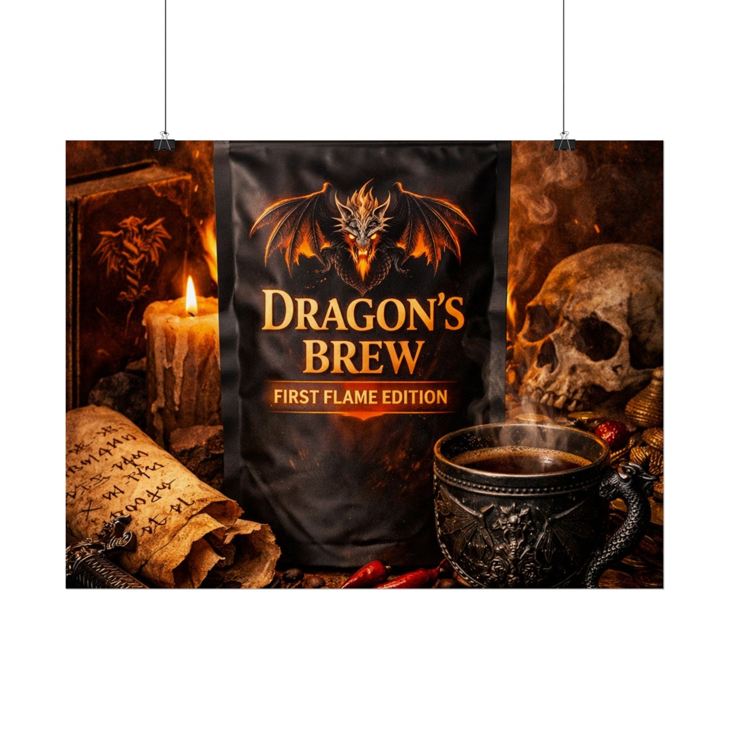 Rolled Poster — "Dragon's Brew: First Flame Edition" Fantasy Coffee Art Print